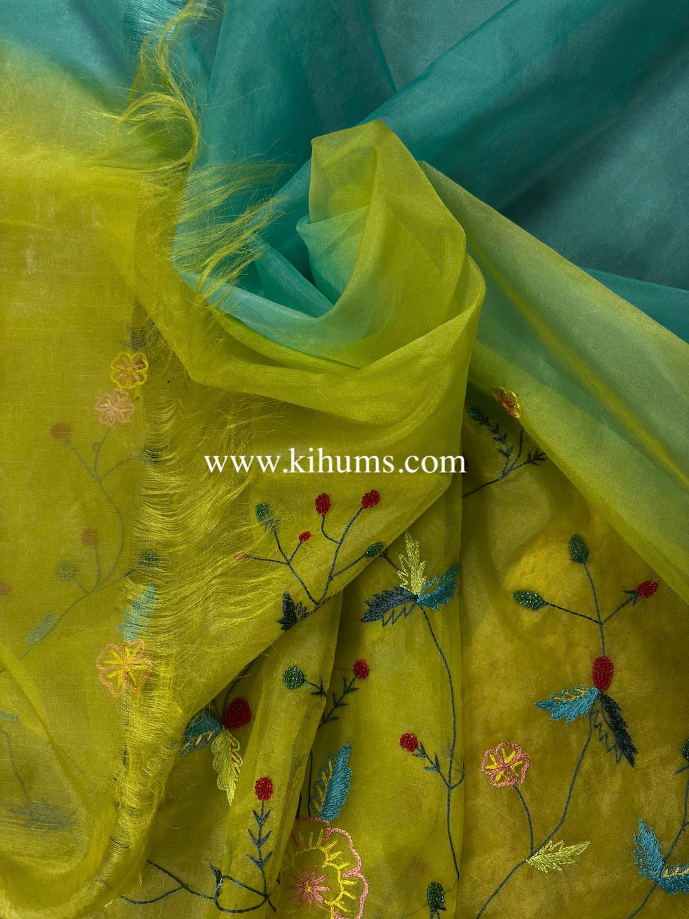 Green and Blue Organza Saree with Hand Embroidery Work | KIHUMS Saree