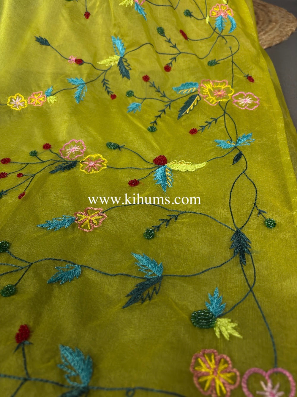 Green and Blue Organza Saree with Hand Embroidery Work | KIHUMS Saree