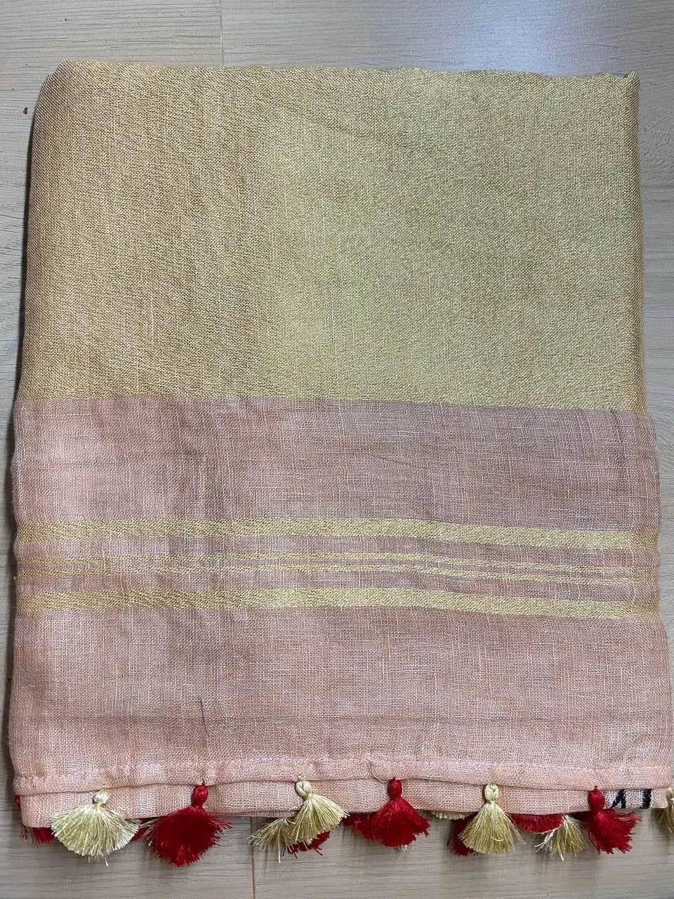 Light cream Handwoven Linen Saree with Embroidery Work | Zari Border | KIHUMS Saree
