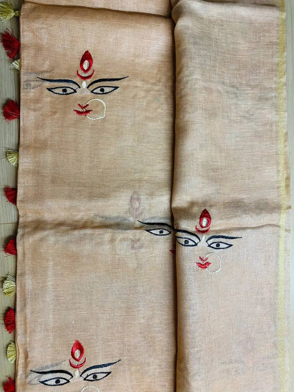 Light cream Handwoven Linen Saree with Embroidery Work | Zari Border | KIHUMS Saree