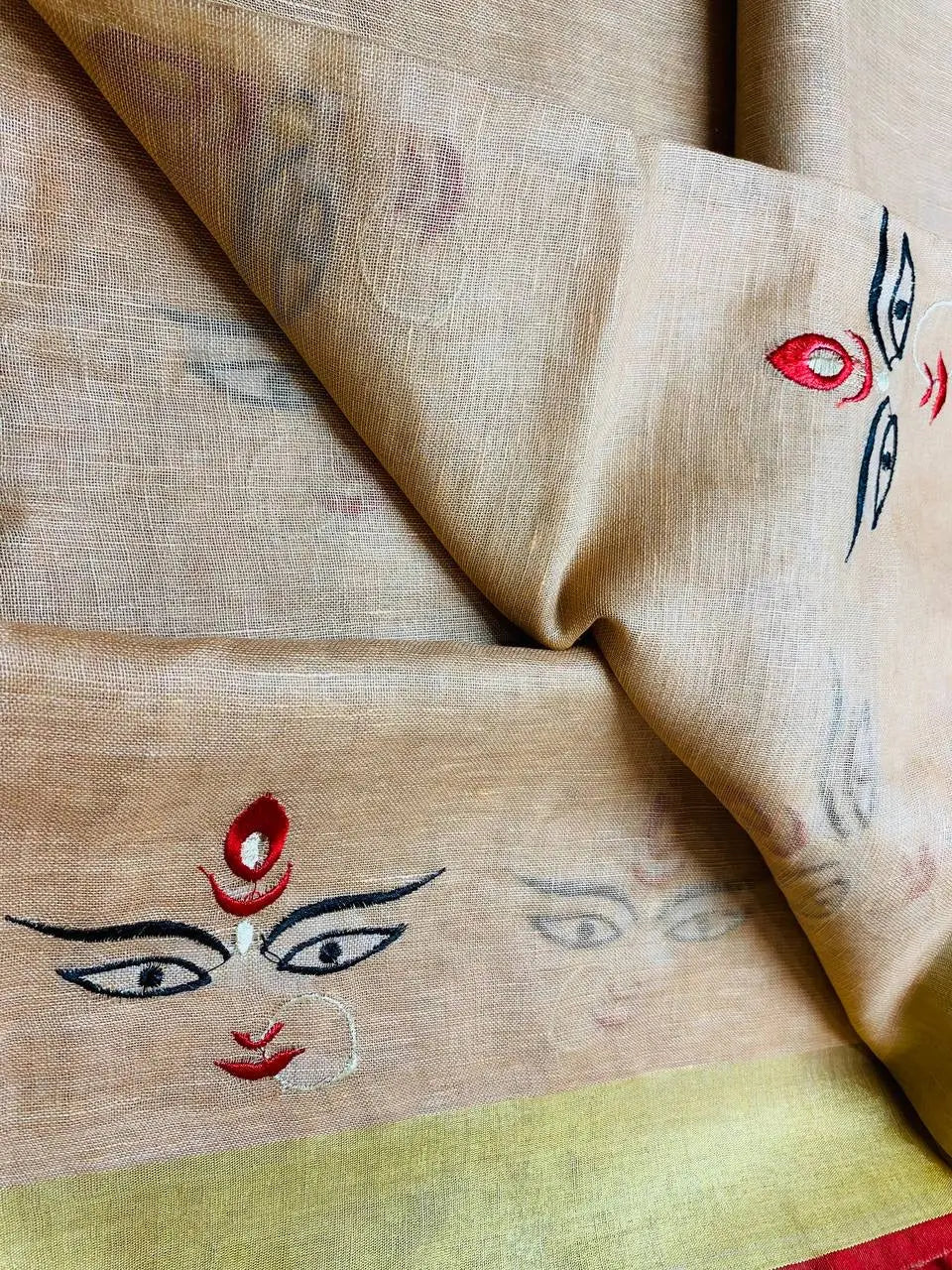 Light cream Handwoven Linen Saree with Embroidery Work | Zari Border | KIHUMS Saree