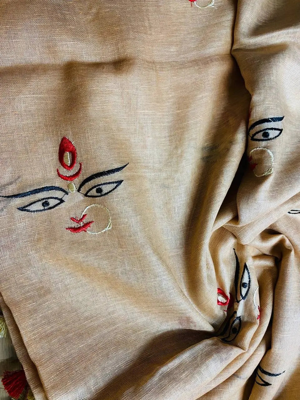 Light cream Handwoven Linen Saree with Embroidery Work | Zari Border | KIHUMS Saree