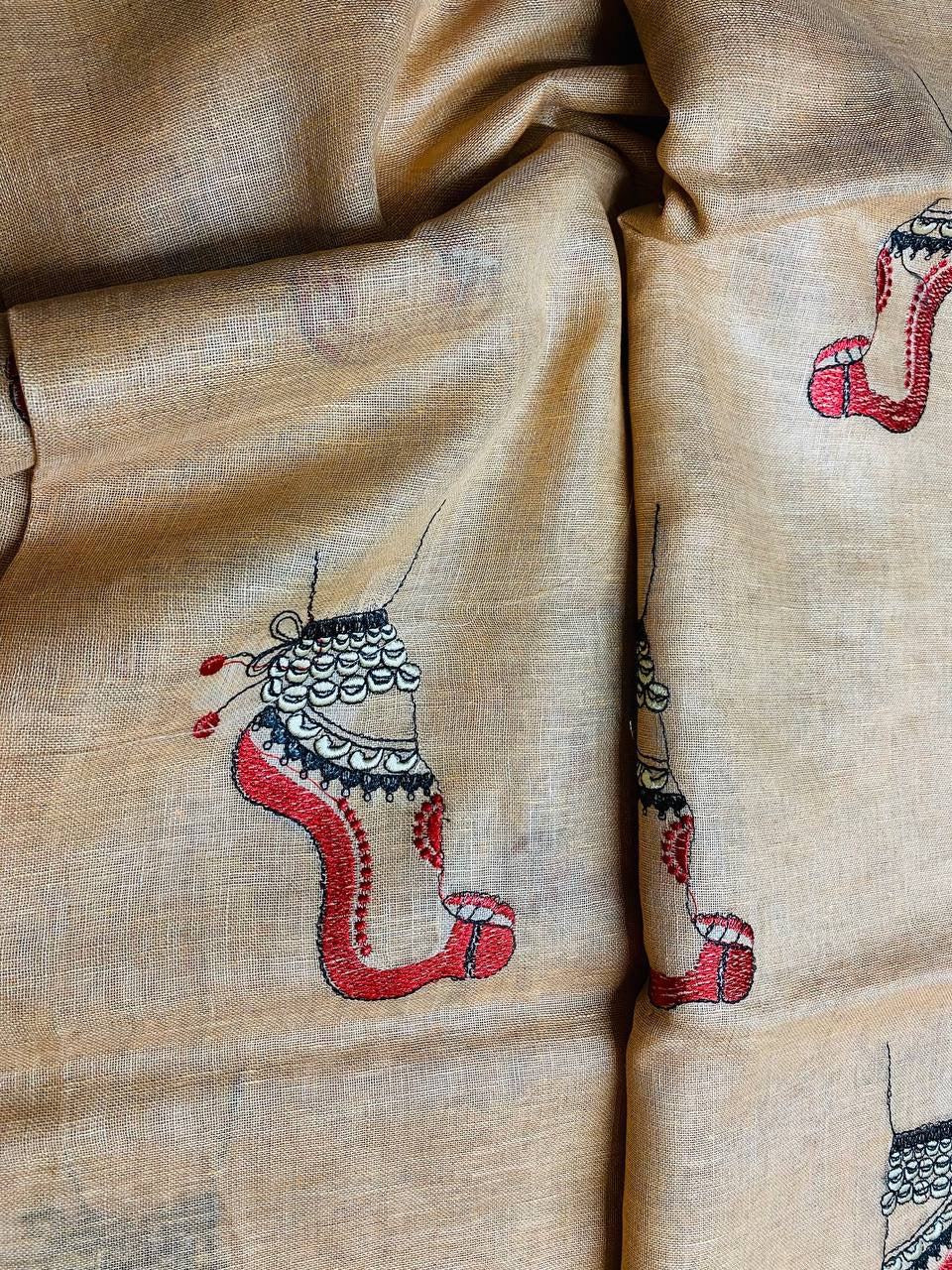 Light cream  Handwoven Linen Saree with Embroidery Work | Zari Border | KIHUMS Saree