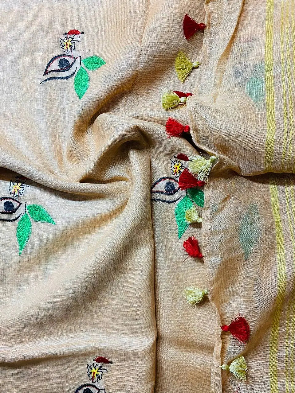 Light cream Handwoven Linen Saree with Embroidery Work | Zari Border | KIHUMS Saree kihums clothing