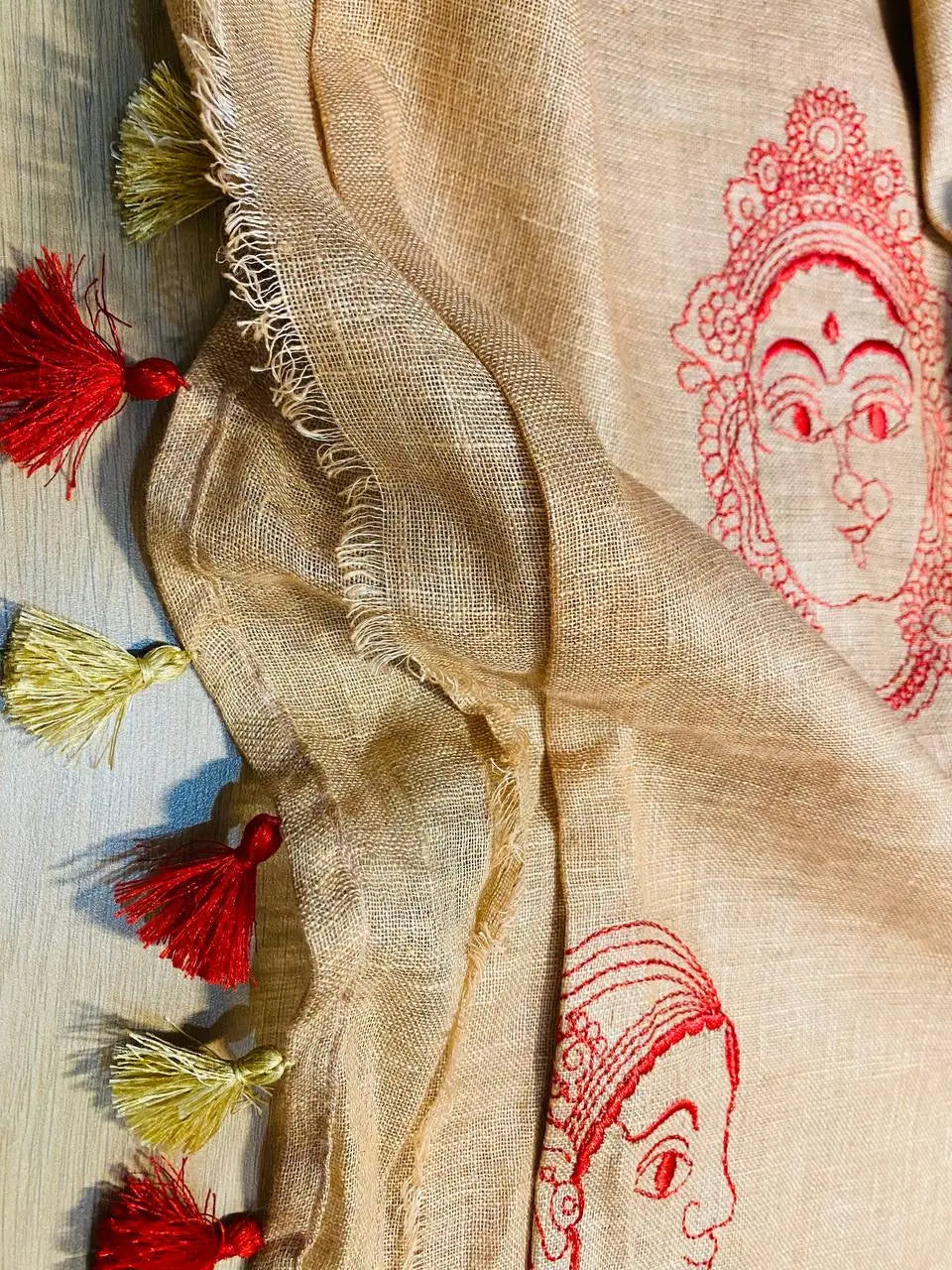 Light cream Handwoven Linen Saree with Embroidery Work | Zari Border | KIHUMS Saree kihums clothing