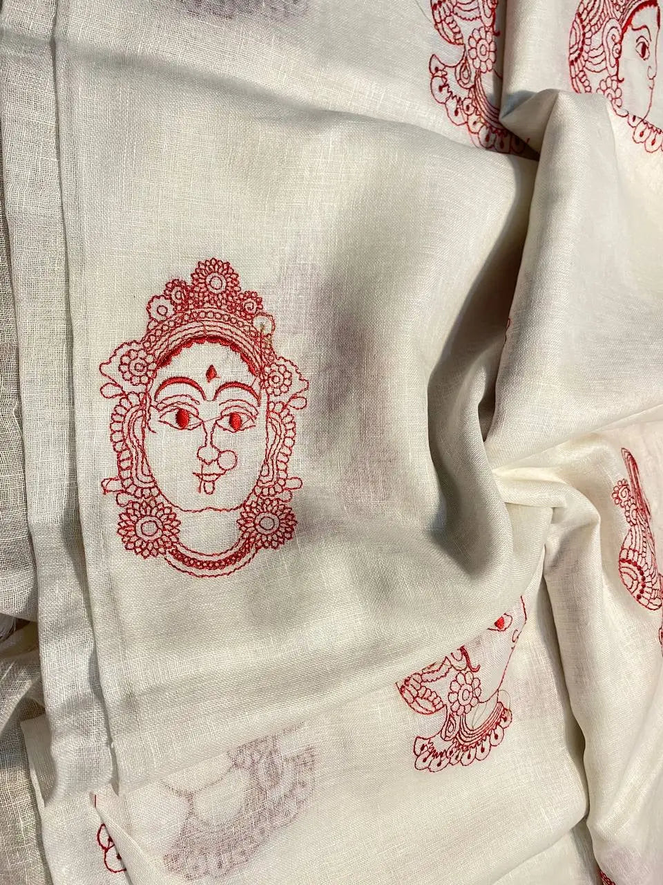 White Handwoven Linen Saree with Embroidery Work | Zari Border | KIHUMS Saree kihums clothing