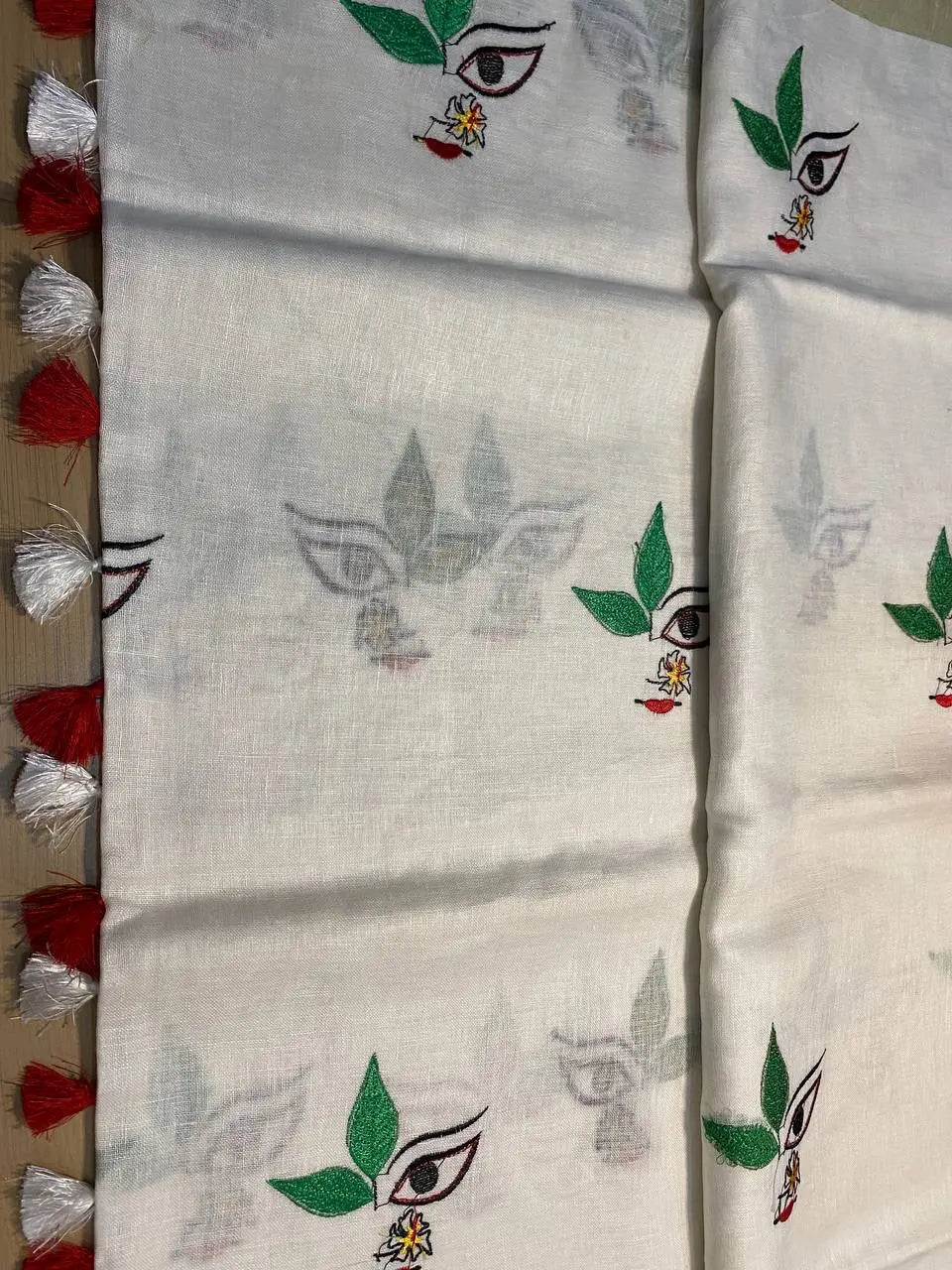 White Handwoven Linen Saree with Embroidery Work | Zari Border | KIHUMS Saree
