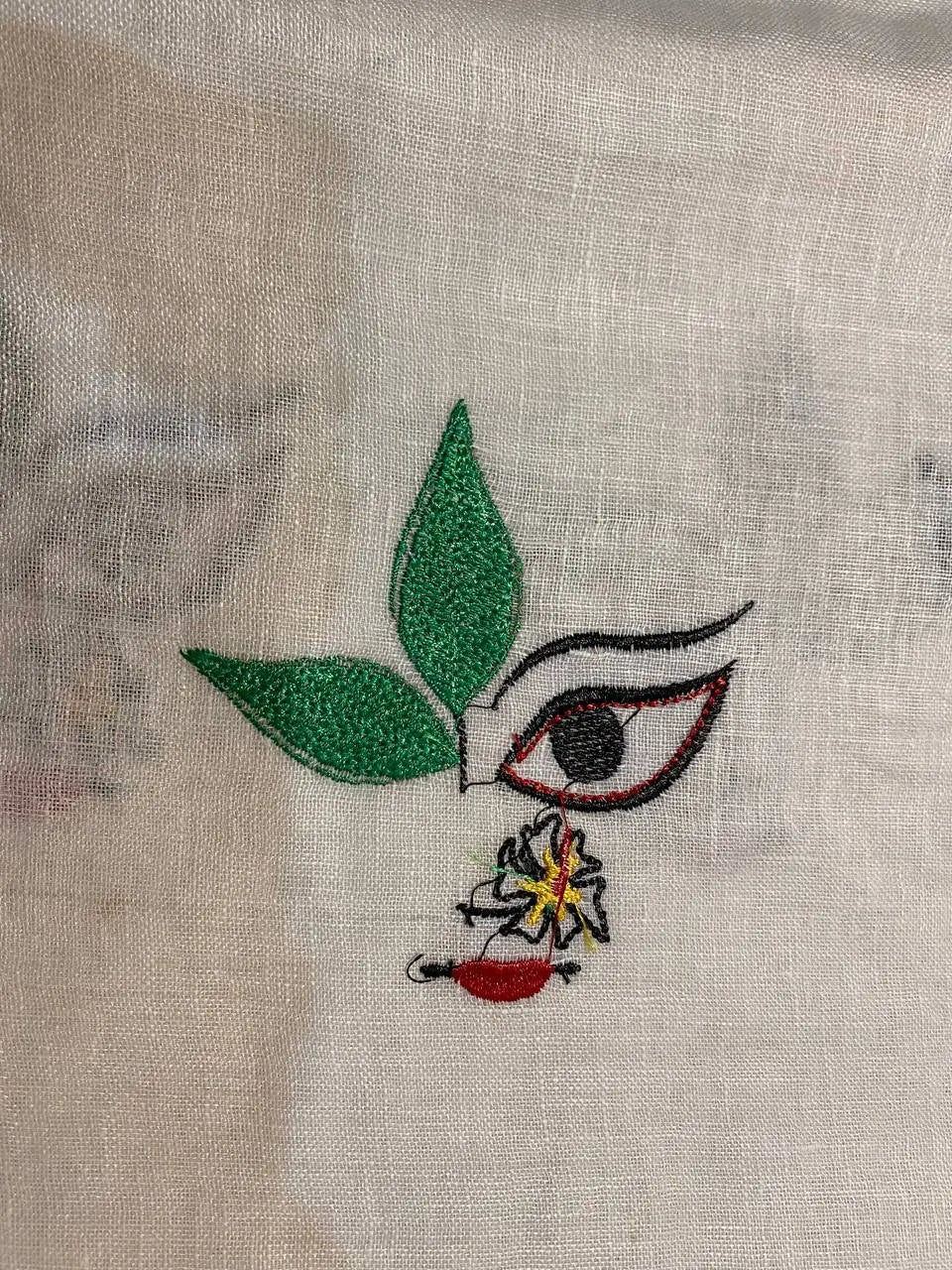 White Handwoven Linen Saree with Embroidery Work | Zari Border | KIHUMS Saree