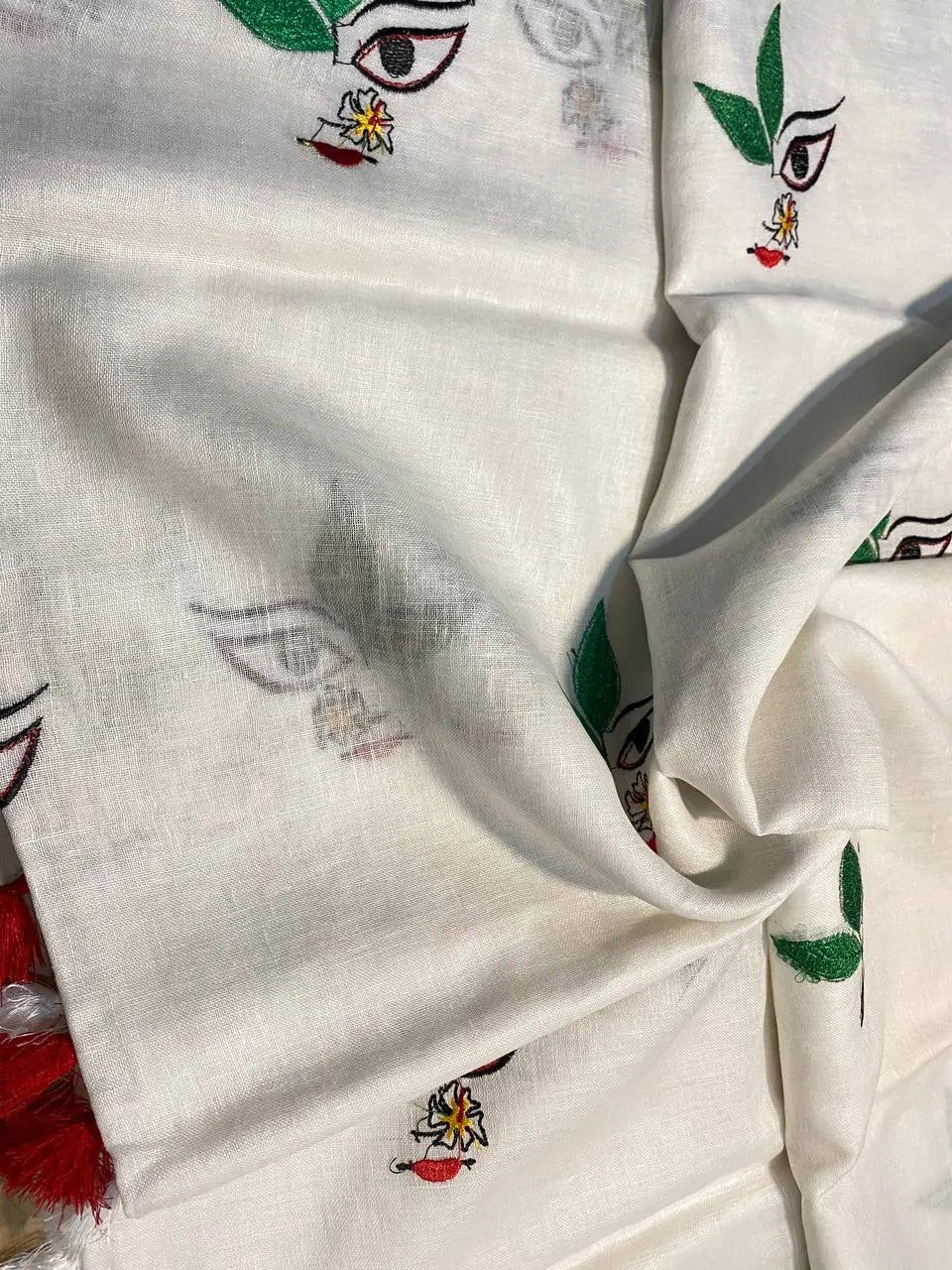 White Handwoven Linen Saree with Embroidery Work | Zari Border | KIHUMS Saree