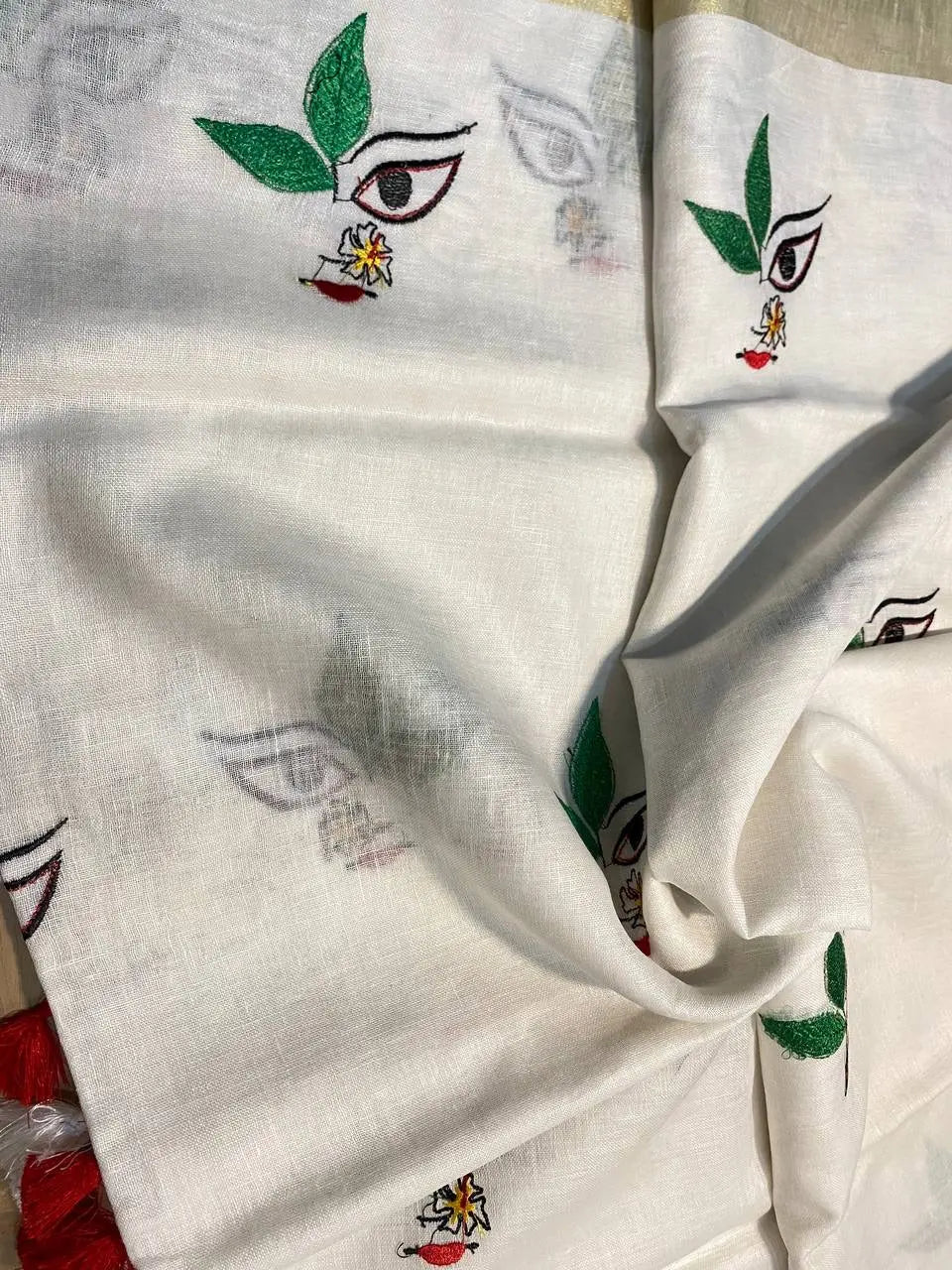 White Handwoven Linen Saree with Embroidery Work | Zari Border | KIHUMS Saree