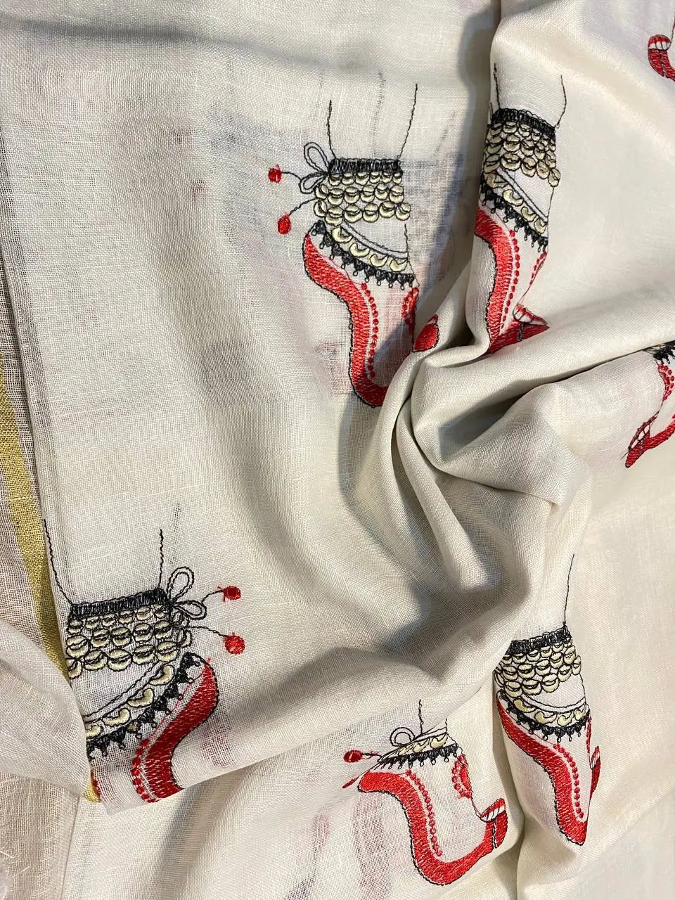 White Handwoven Linen Saree with Embroidery Work | Zari Border | KIHUMS Saree kihums clothing