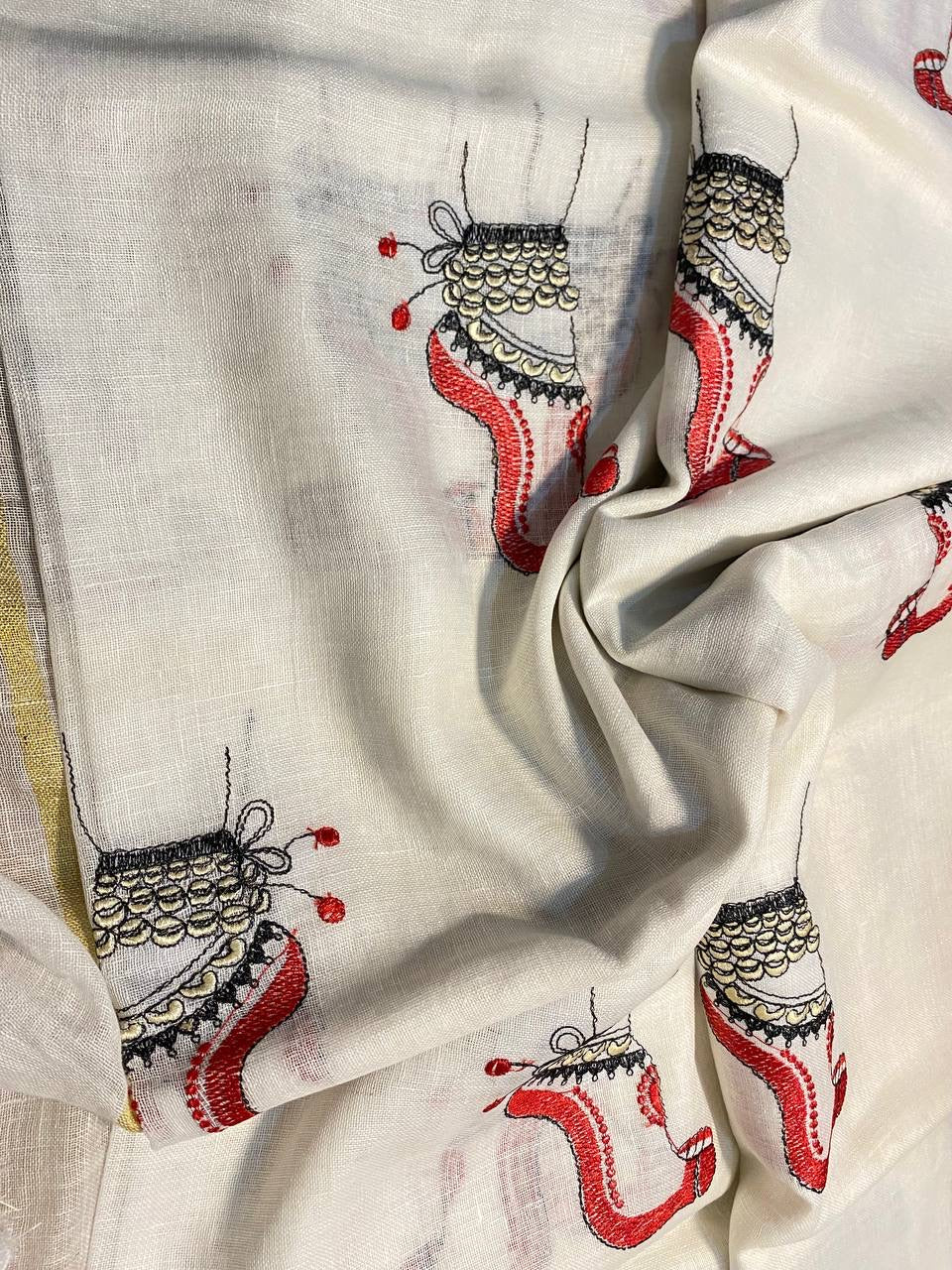 White Handwoven Linen Saree with Embroidery Work | Zari Border | KIHUMS Saree