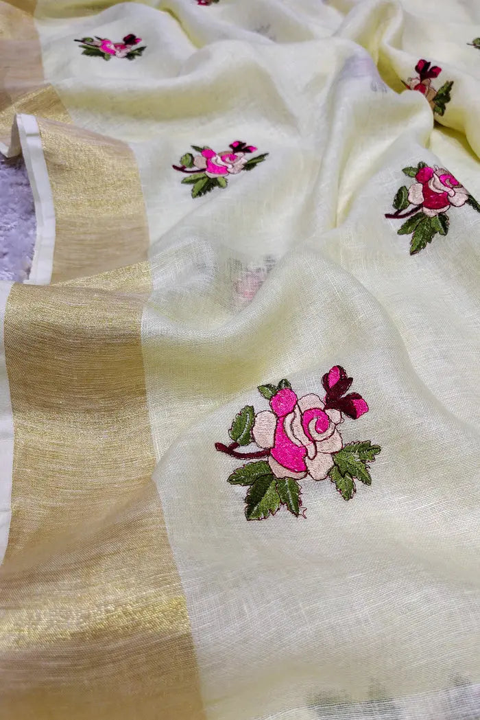 Off White Handwoven Zari Linen Saree with Hand Embroidery Work kihums clothing