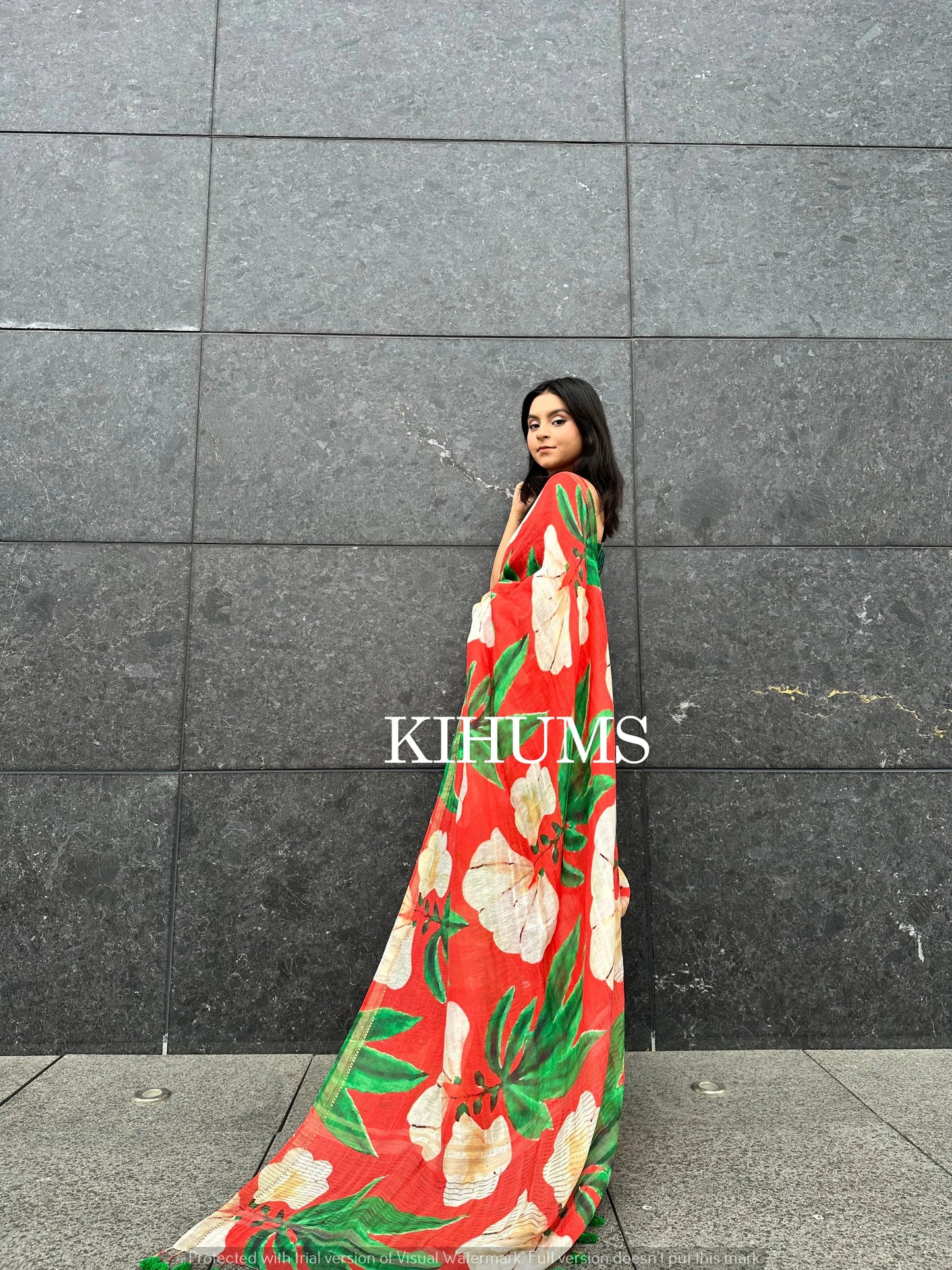 Red Shade Floral Printed Silk Linen Saree | KIHUMS Saree kihums clothing