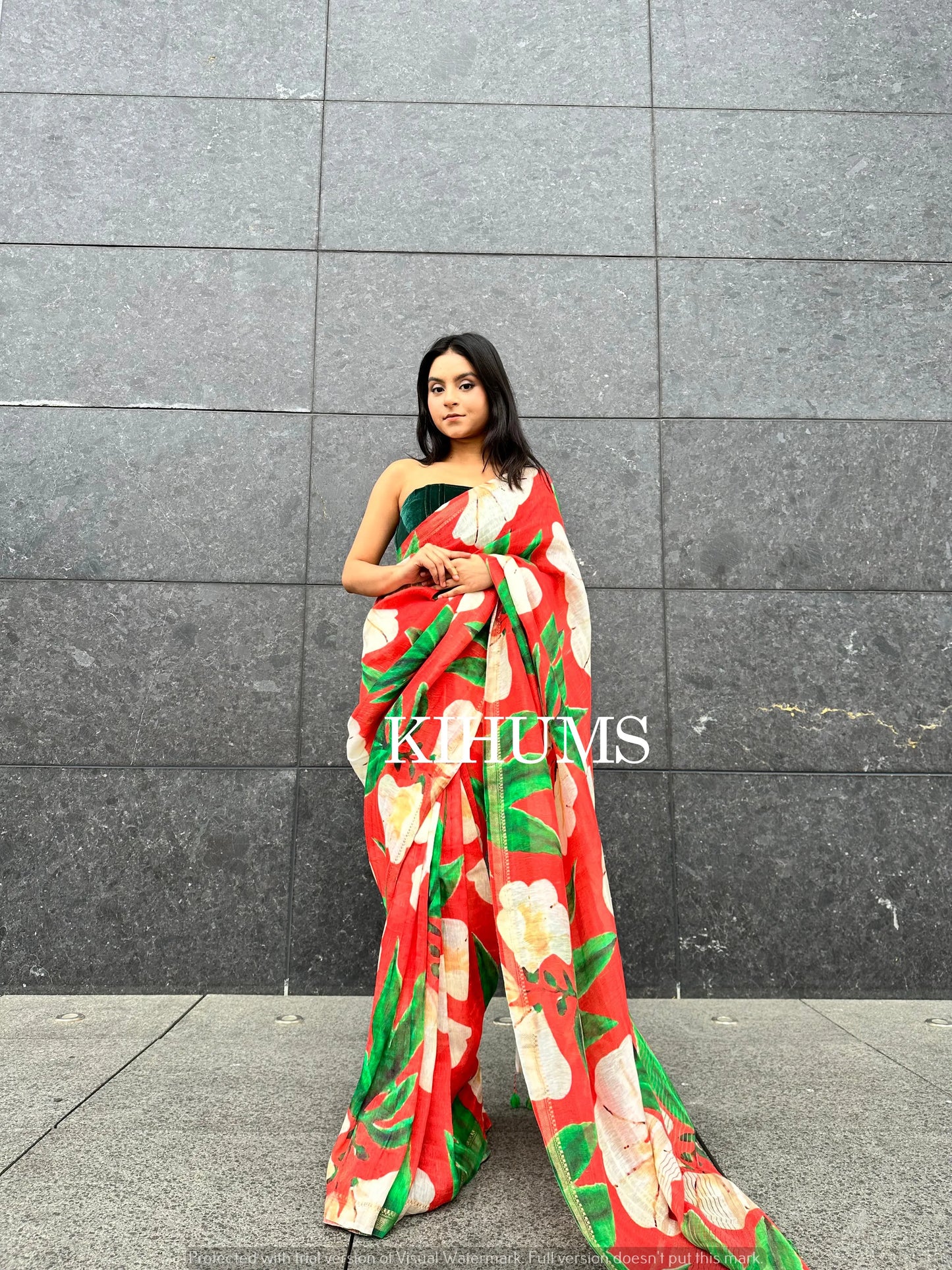 Red Shade Floral Printed Silk Linen Saree | KIHUMS Saree kihums clothing