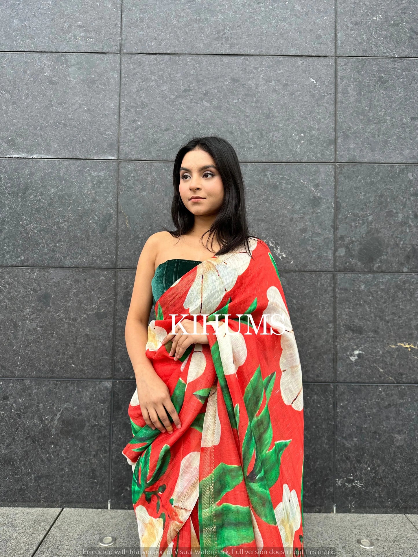 Red Shade Floral Printed Silk Linen Saree | KIHUMS Saree kihums clothing