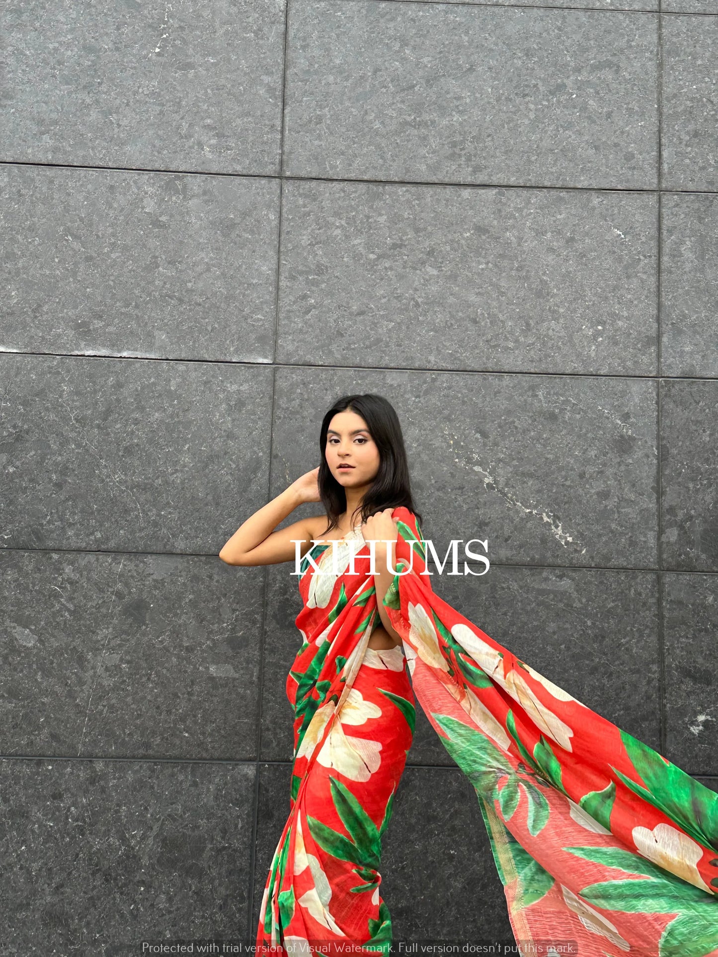 Red Shade Floral Printed Silk Linen Saree | KIHUMS Saree kihums clothing