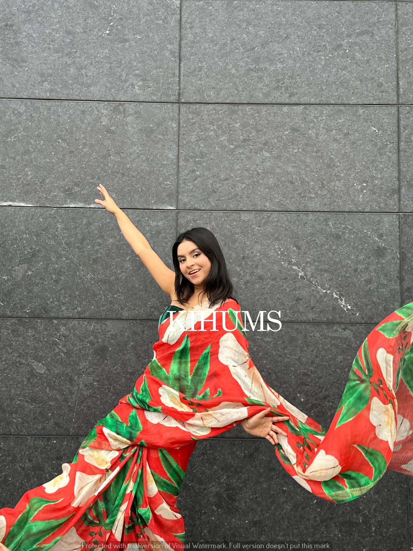 Red Shade Floral Printed Silk Linen Saree | KIHUMS Saree kihums clothing
