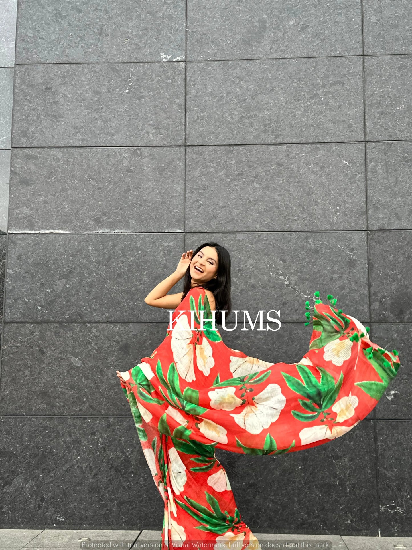 Red Shade Floral Printed Silk Linen Saree | KIHUMS Saree kihums clothing