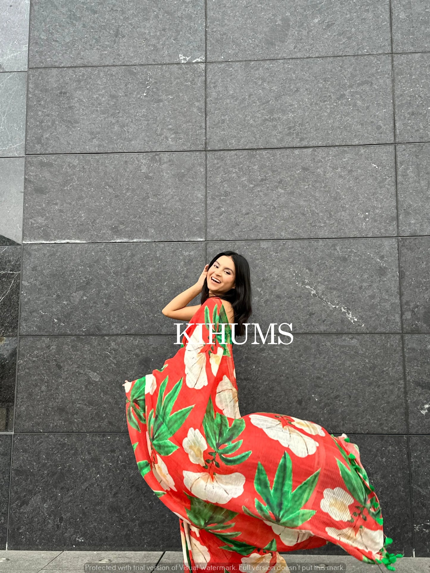 Red Shade Floral Printed Silk Linen Saree | KIHUMS Saree kihums clothing