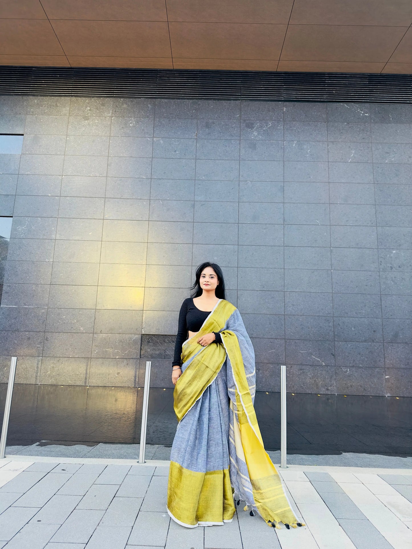 Grey Handwoven organic Linen Saree | Gold Zari border| KIHUMS Saree