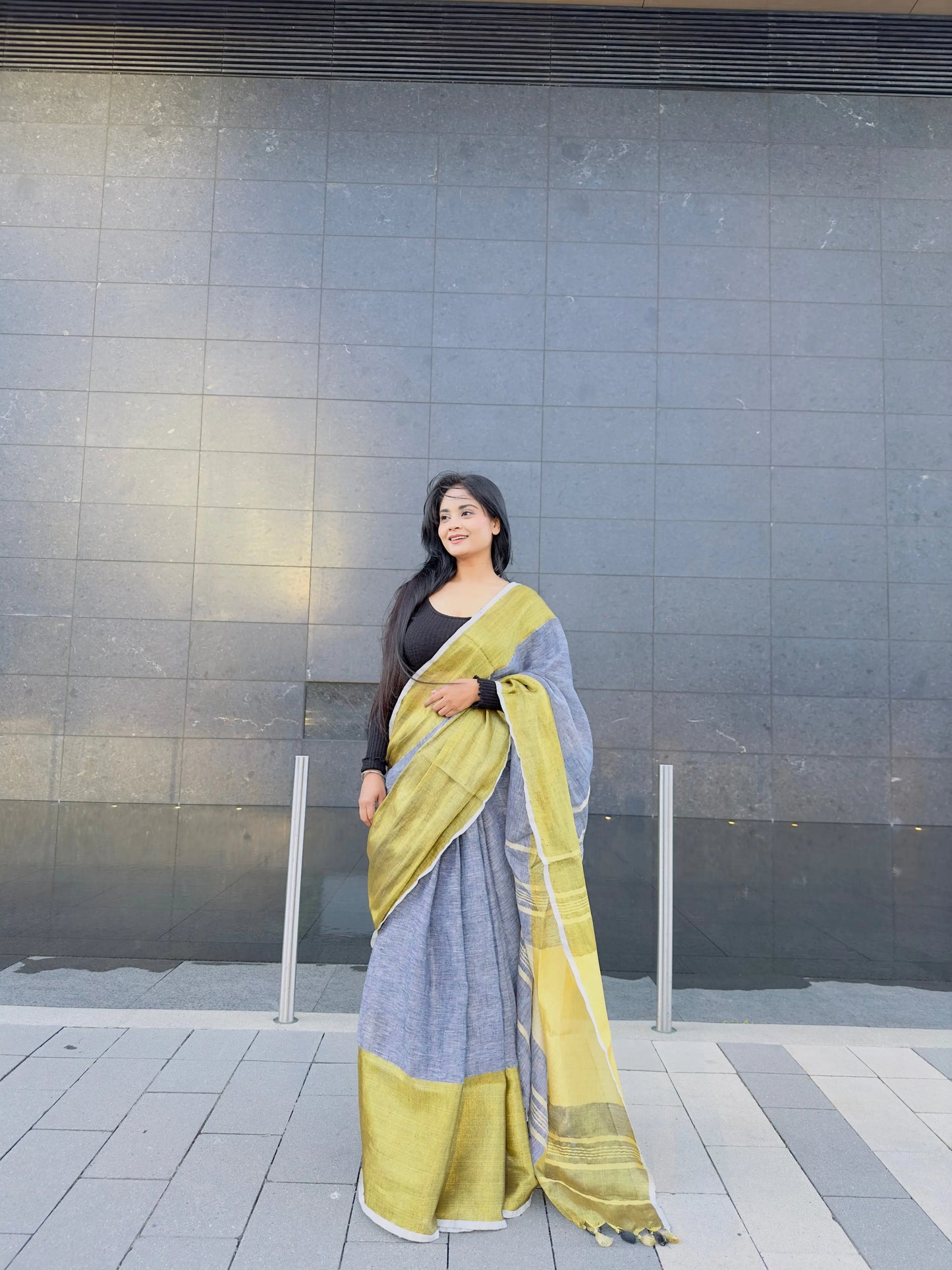 Grey Handwoven organic Linen Saree | Gold Zari border| KIHUMS Saree