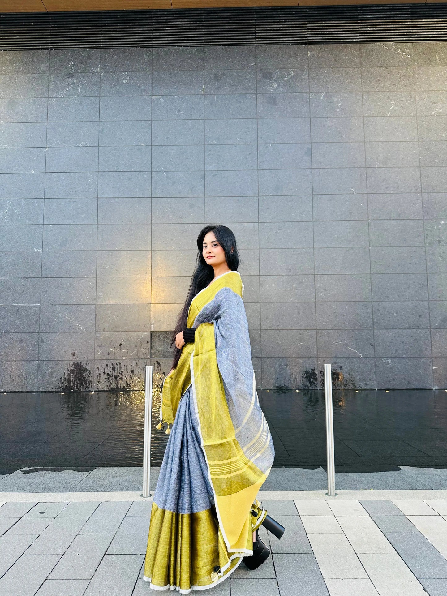 Grey Handwoven organic Linen Saree | Gold Zari border| KIHUMS Saree