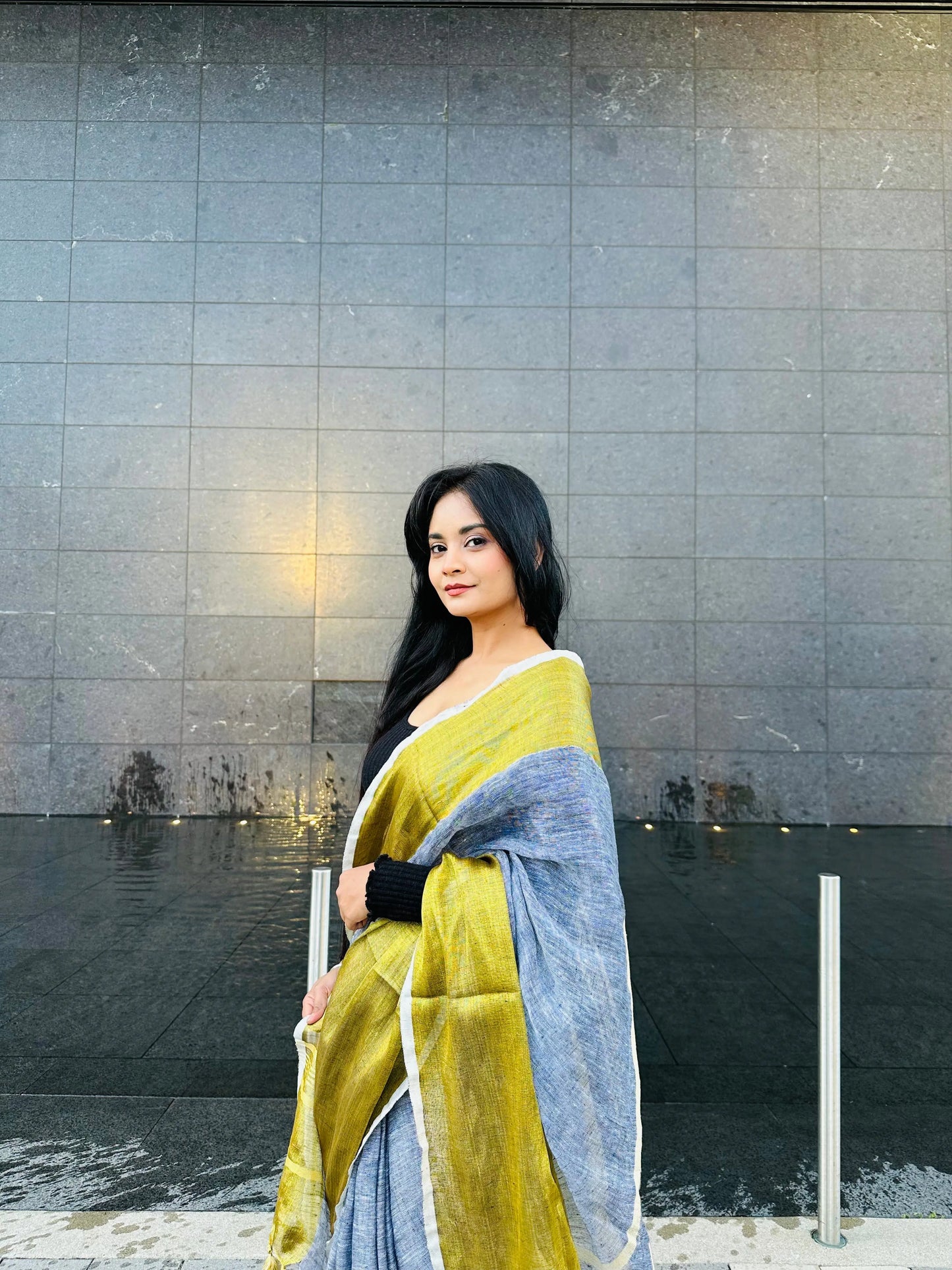 Grey Handwoven organic Linen Saree | Gold Zari border| KIHUMS Saree