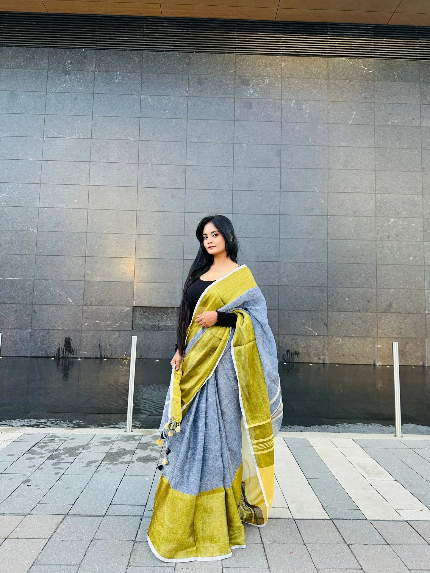 Grey Handwoven organic Linen Saree | Gold Zari border| KIHUMS Saree