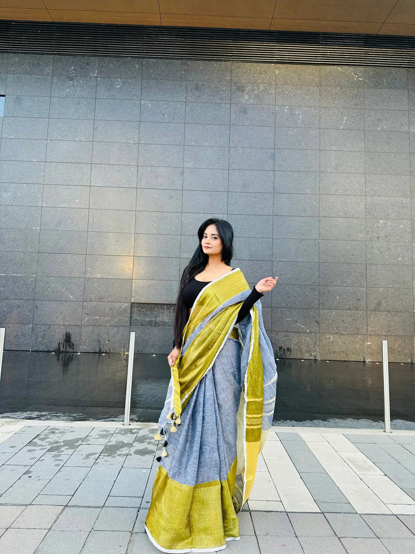 Grey Handwoven organic Linen Saree | Gold Zari border| KIHUMS Saree