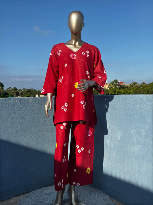 Dark Red Bandhani Co-ord Set: Elegant & Comfortable Two-Piece Outfit | Fusion of Elegance and Comfort kihums clothing