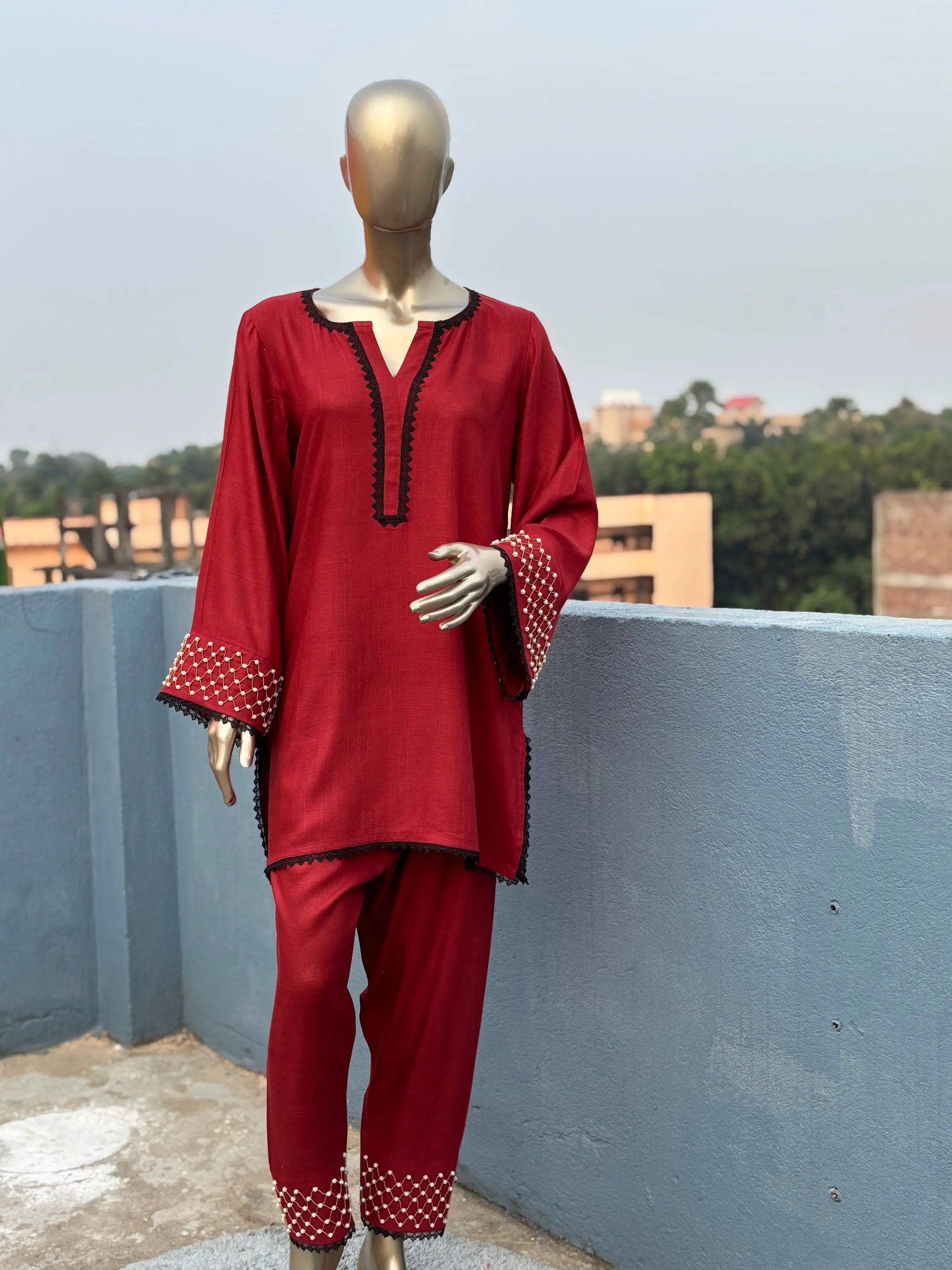 Maroon Shade-Stylish & Trendy Pearl Embellished Co-ord sets | Luxury wear kihums clothing