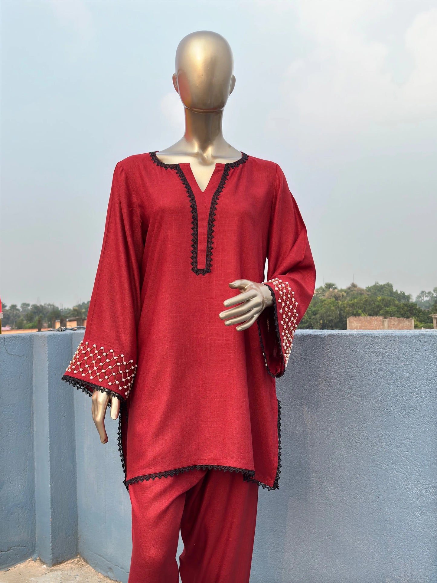 Maroon Shade-Stylish & Trendy Pearl Embellished Co-ord sets | Luxury wear kihums clothing