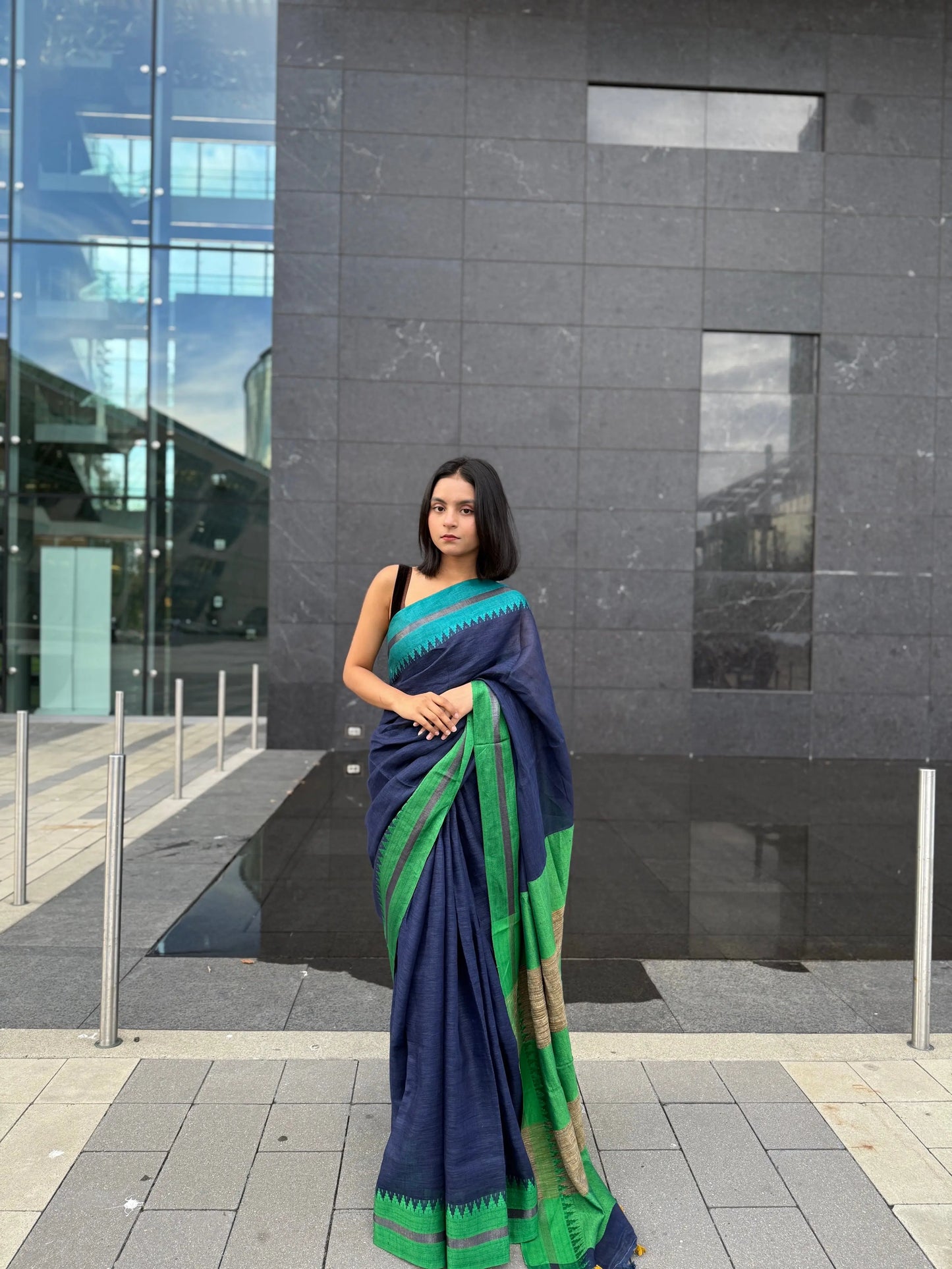Navy Blue shade Handmade Pure Linen Saree with Dual shade Border | KIHUMS Saree kihums clothing