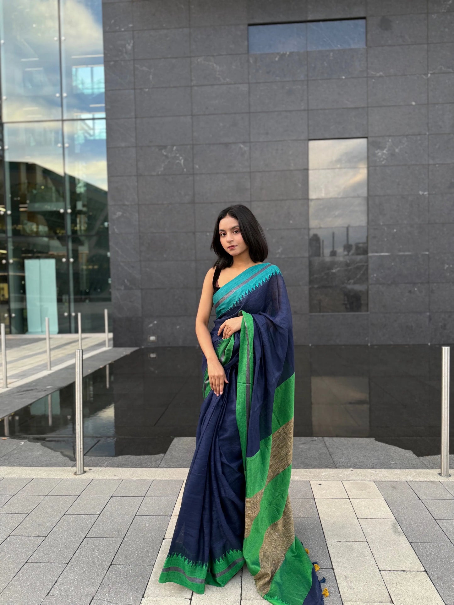 Navy Blue shade Handmade Pure Linen Saree with Dual shade Border | KIHUMS Saree kihums clothing