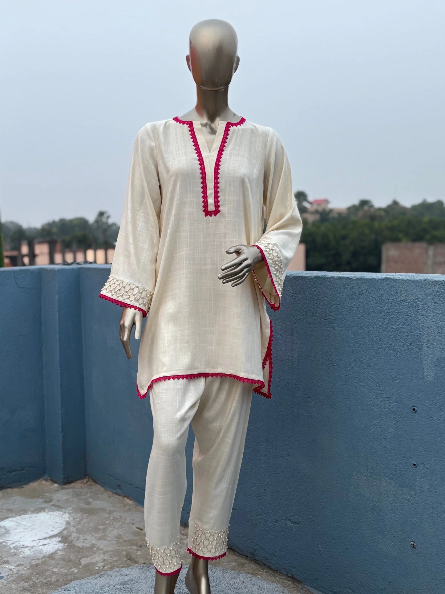 Off White-Stylish & Trendy Pearl Embellished Co-ord sets | Luxury wear | Airport Look kihums clothing