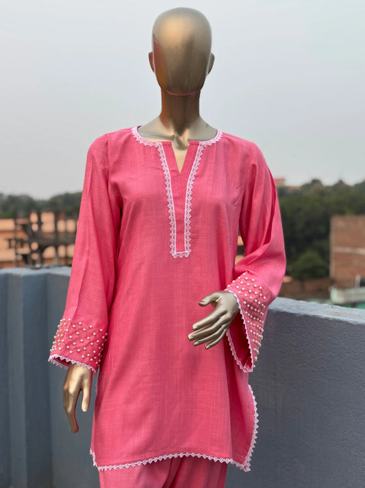 Coral Pink--Stylish & Trendy Pearl Embellished Co-ord sets | Luxury wear | Airport Look kihums clothing