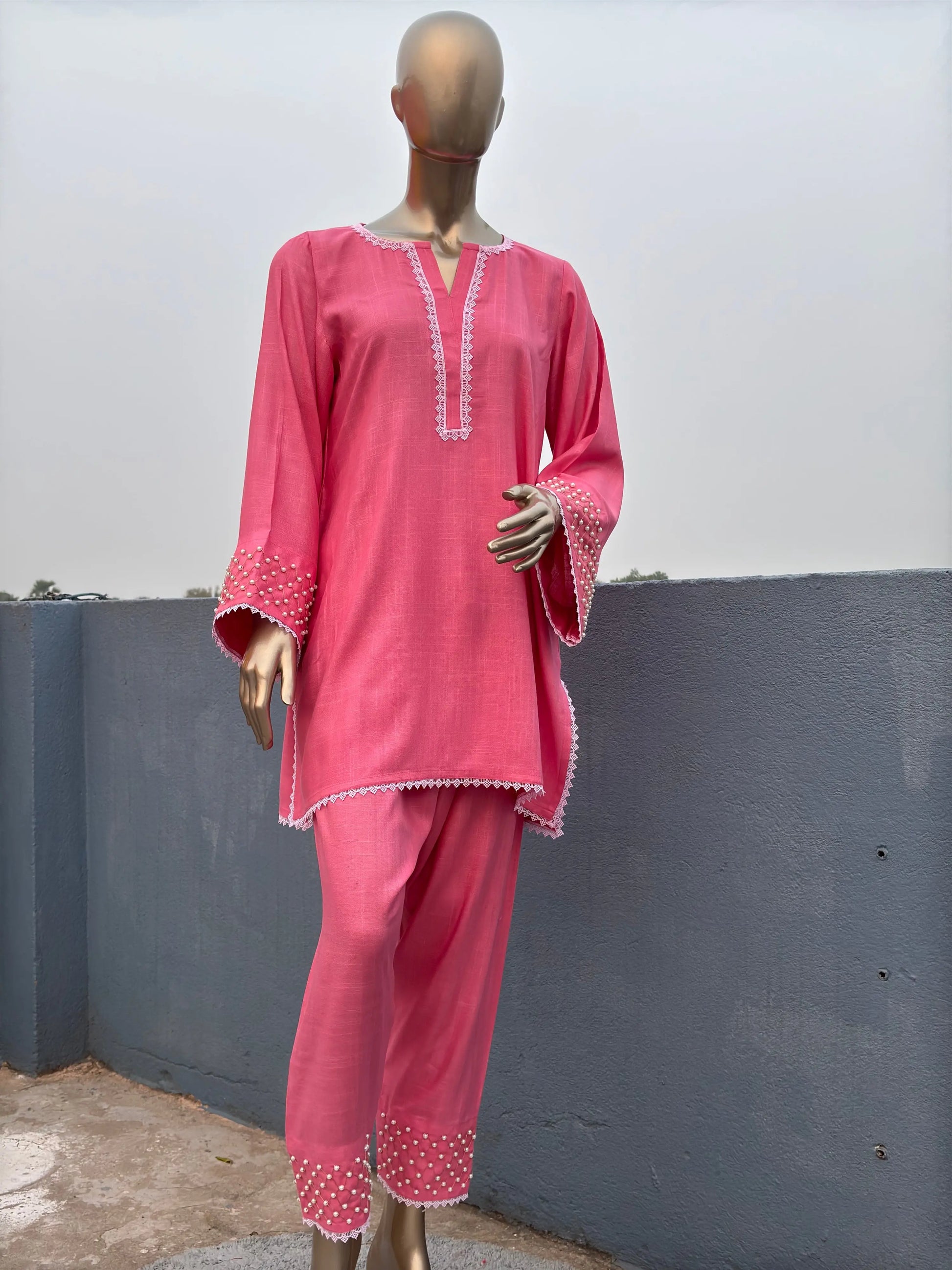 Coral Pink--Stylish & Trendy Pearl Embellished Co-ord sets | Luxury wear | Airport Look kihums clothing