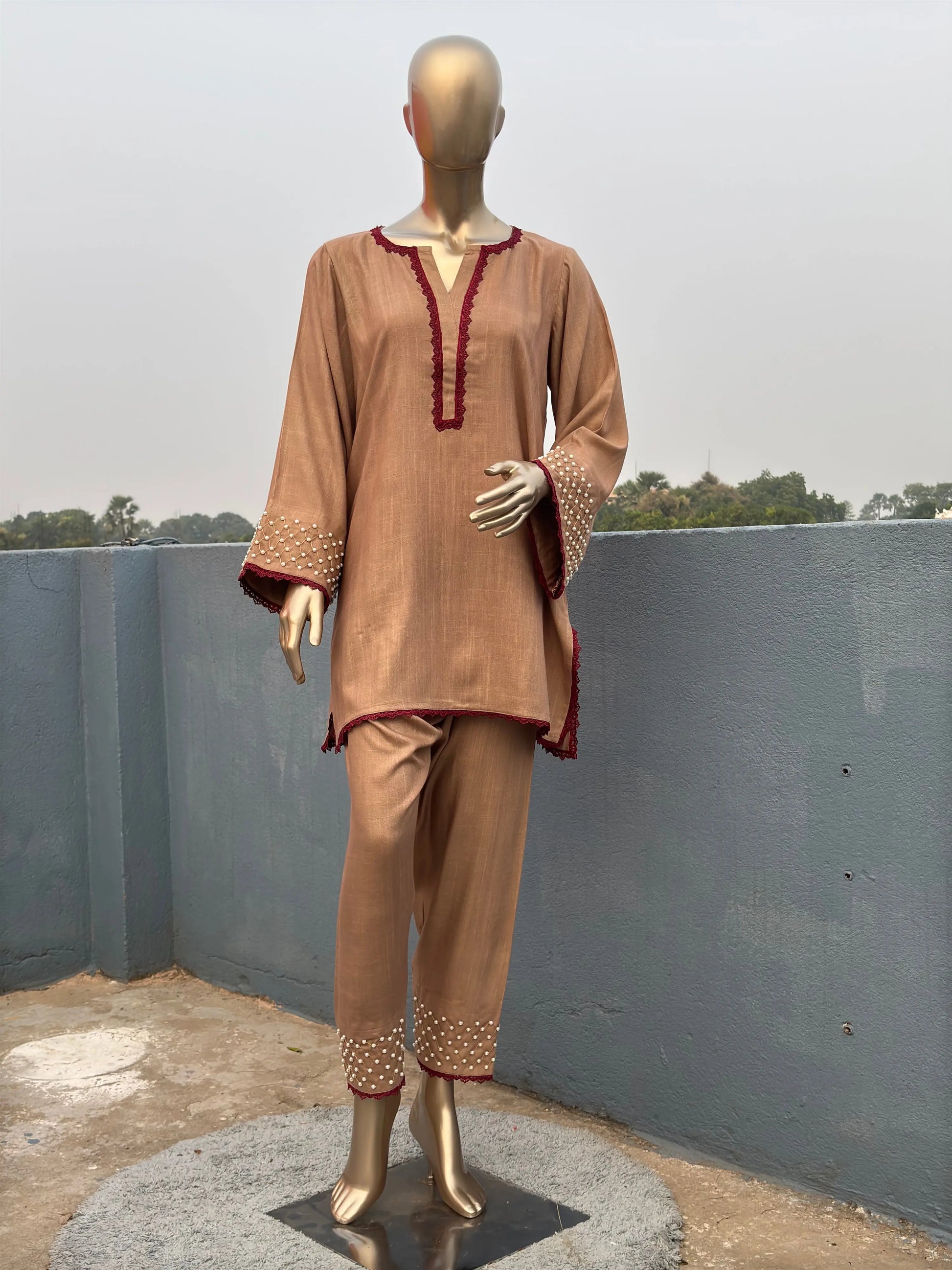 Cappuccino Shade-Stylish & Trendy Pearl Embellished Co-ord sets | Luxury wear | Airport Look kihums clothing