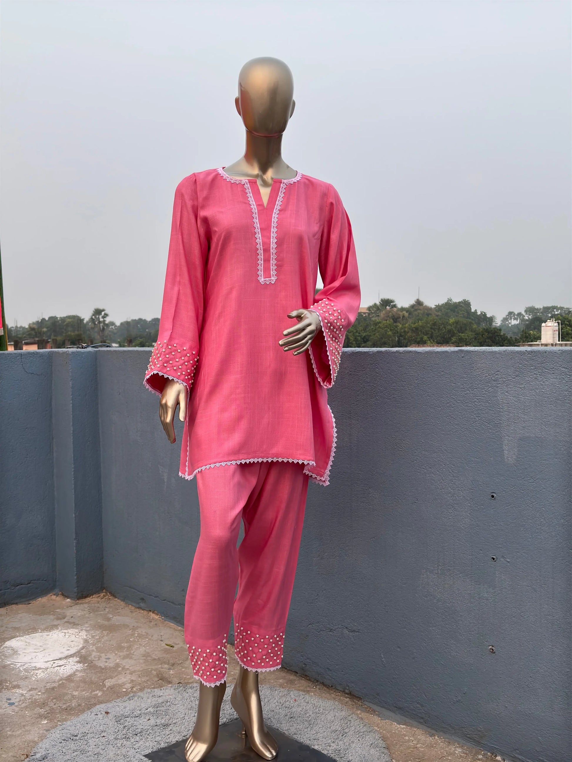 Coral Pink--Stylish & Trendy Pearl Embellished Co-ord sets | Luxury wear | Airport Look kihums clothing