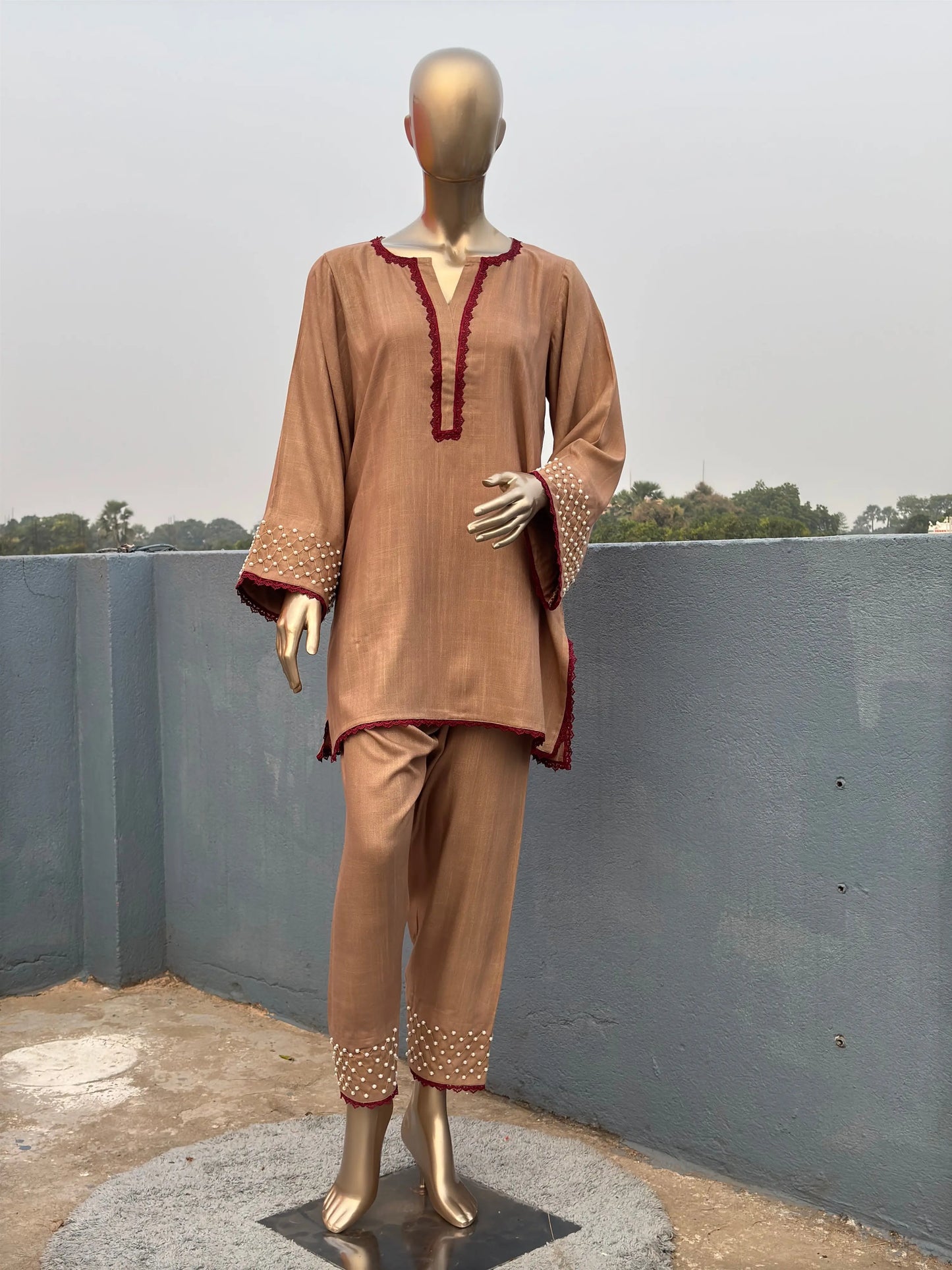 Cappuccino Shade-Stylish & Trendy Pearl Embellished Co-ord sets | Luxury wear | Airport Look kihums clothing