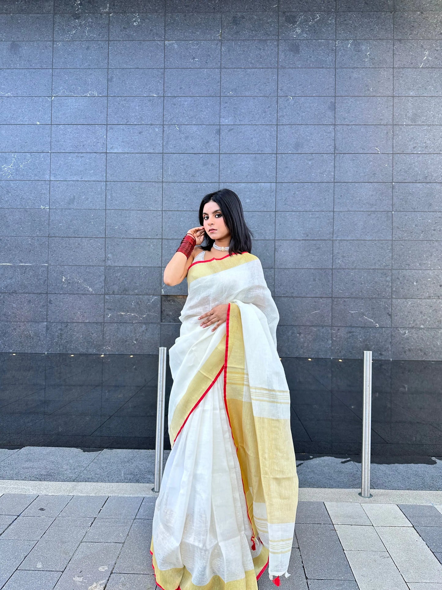 White Handwoven organic Linen Saree | Gold Zari border| KIHUMS Saree kihums clothing