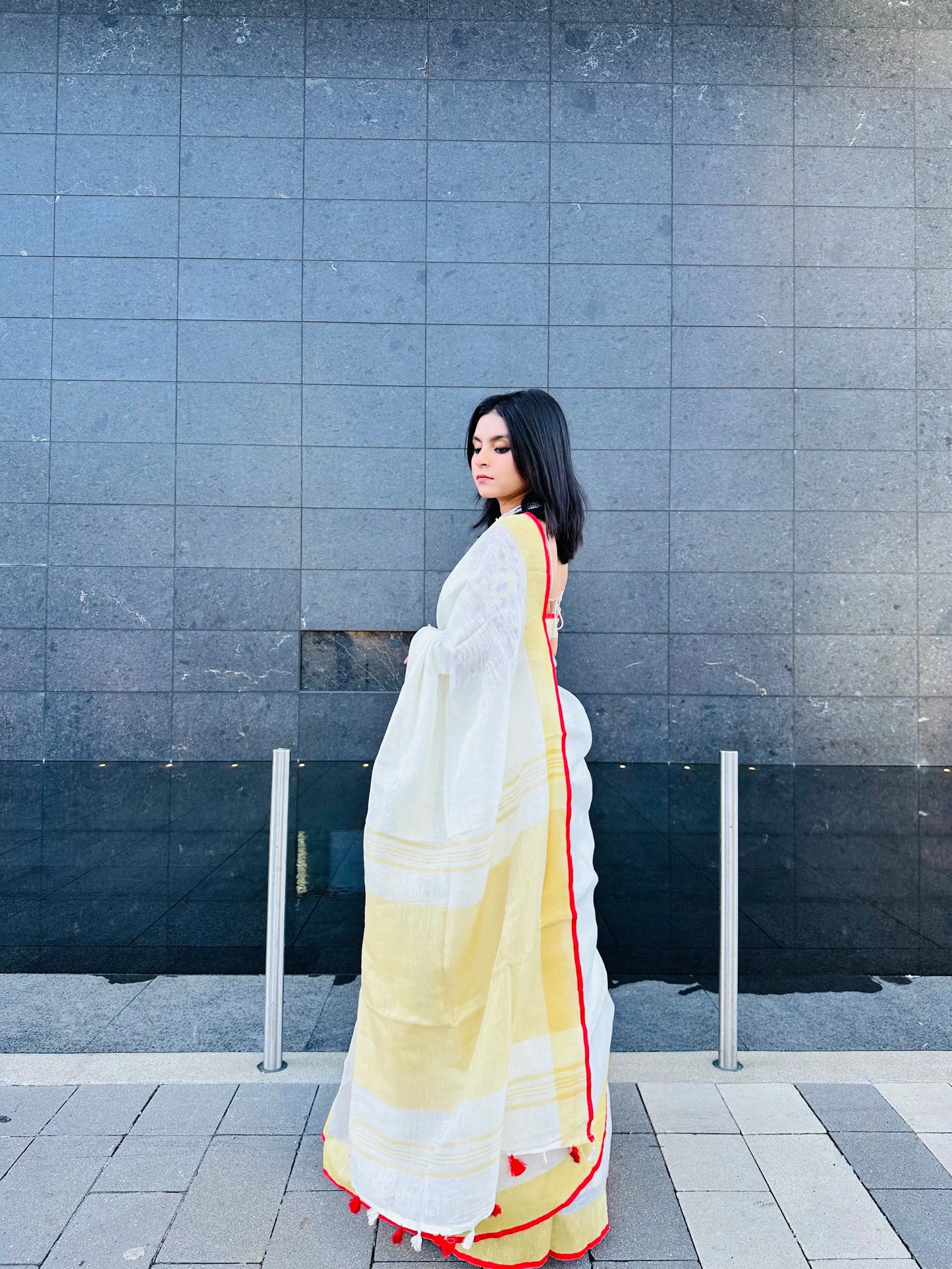White Handwoven organic Linen Saree | Gold Zari border| KIHUMS Saree kihums clothing