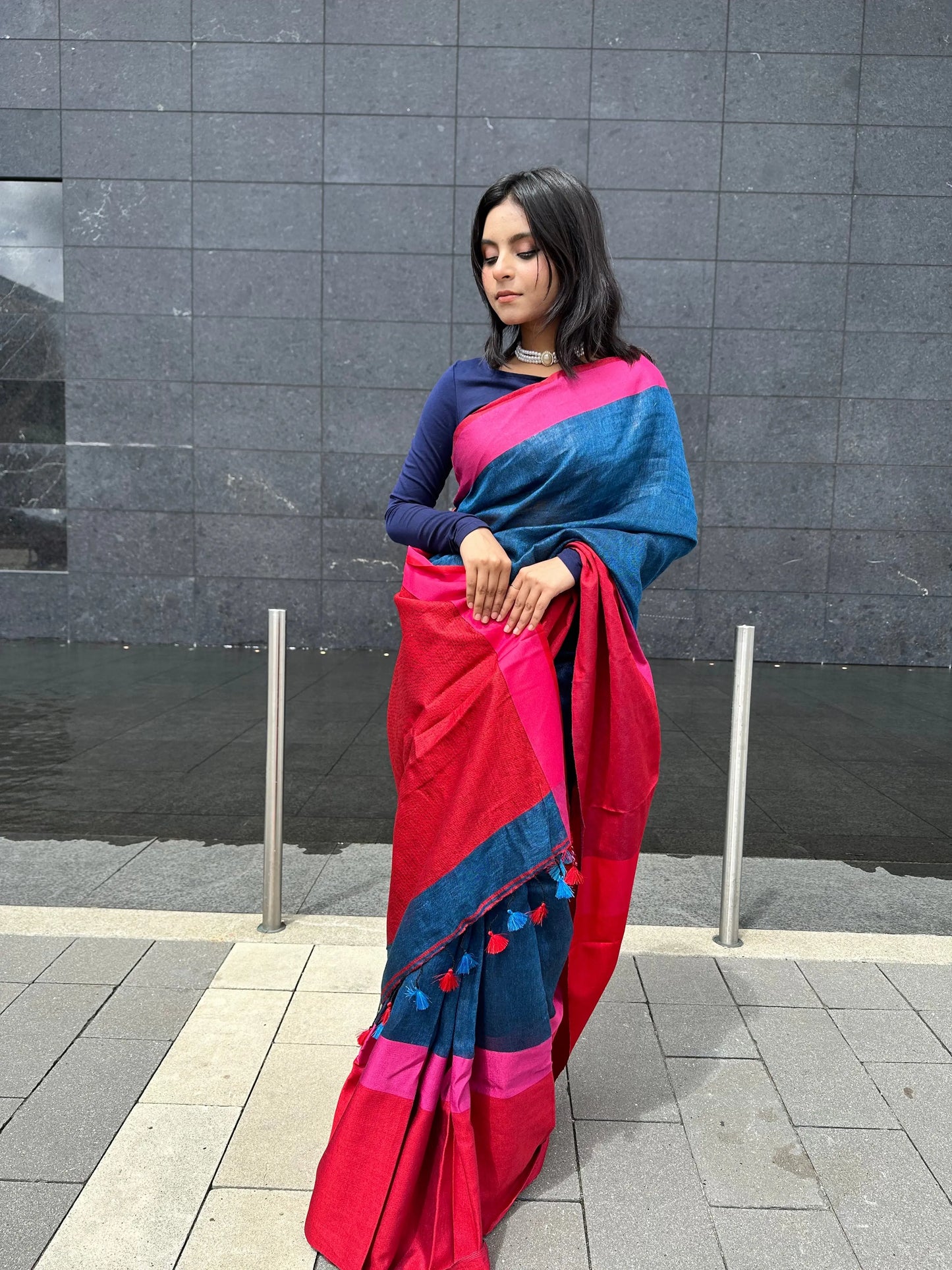 Blue shade Handmade Pure Linen Saree with Dual shade Border | KIHUMS Saree kihums clothing