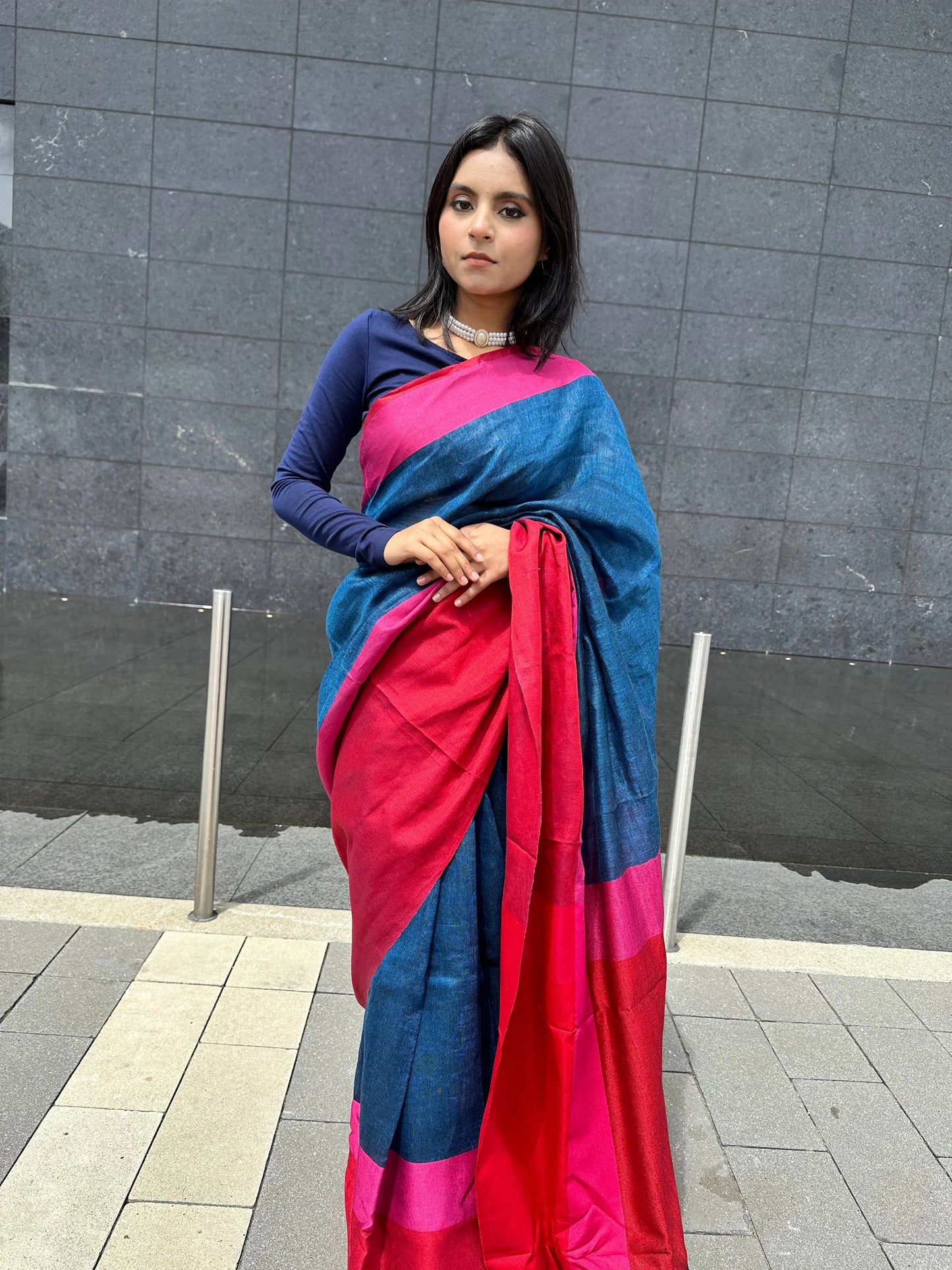 Blue shade Handmade Pure Linen Saree with Dual shade Border | KIHUMS Saree kihums clothing