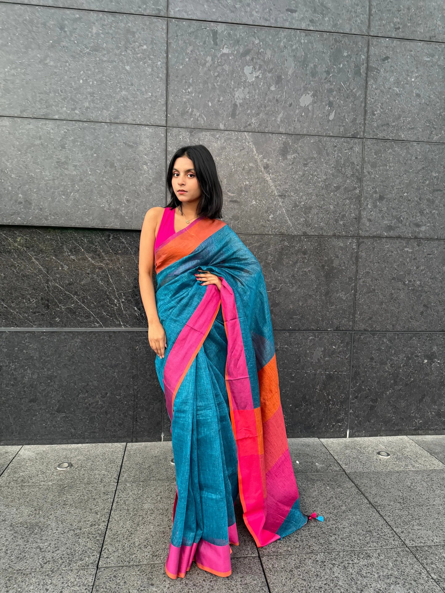 Blue shade Handmade Pure Linen Saree with Dual shade Border | KIHUMS Saree kihums clothing