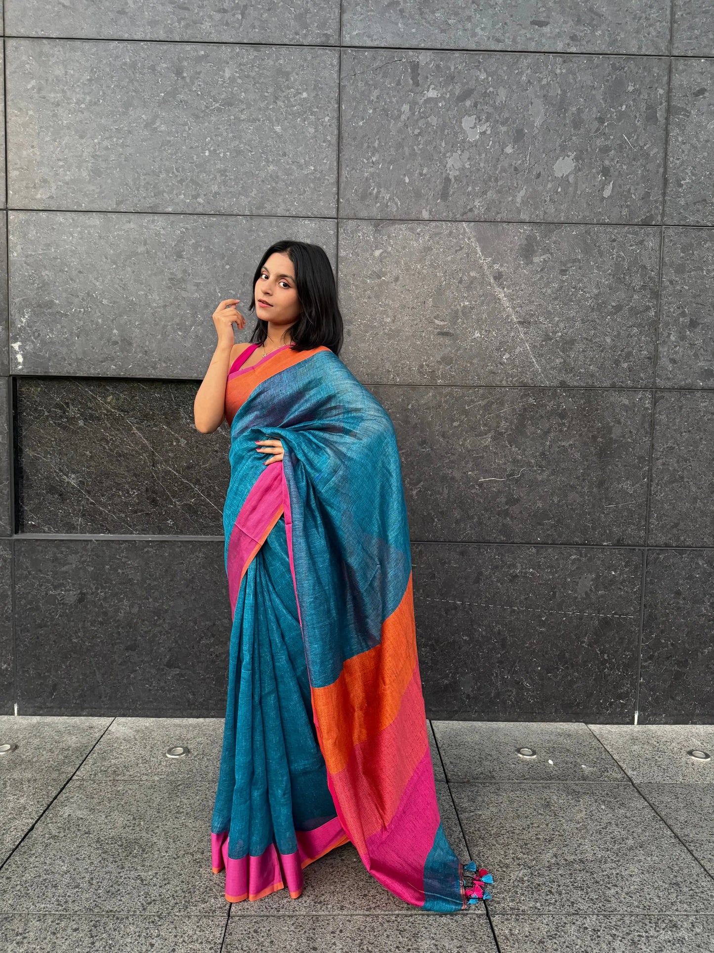Blue shade Handmade Pure Linen Saree with Dual shade Border | KIHUMS Saree kihums clothing