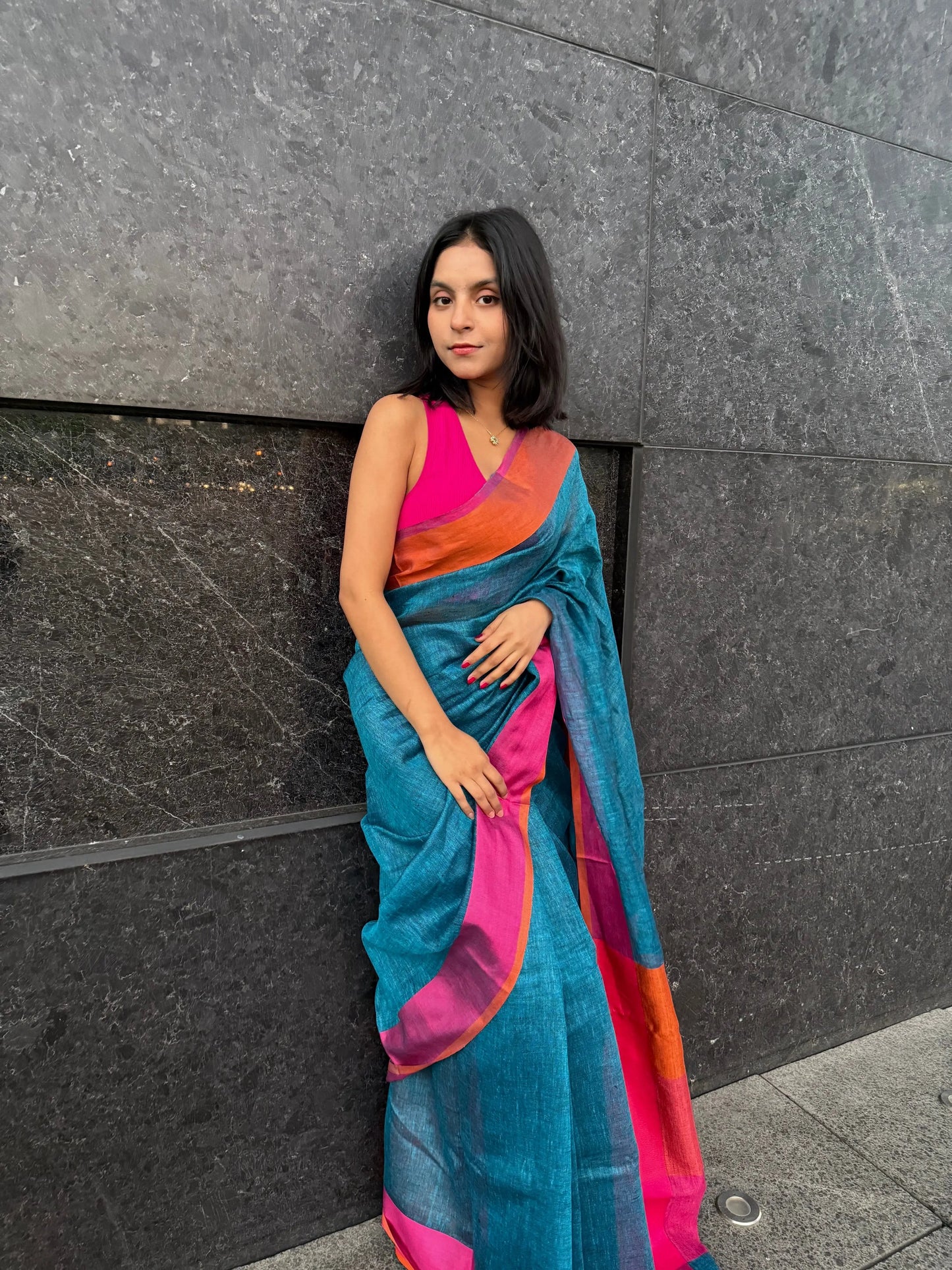 Blue shade Handmade Pure Linen Saree with Dual shade Border | KIHUMS Saree kihums clothing
