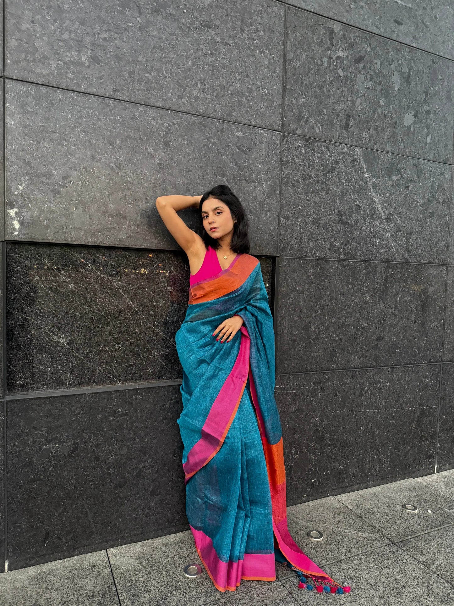 Blue shade Handmade Pure Linen Saree with Dual shade Border | KIHUMS Saree kihums clothing