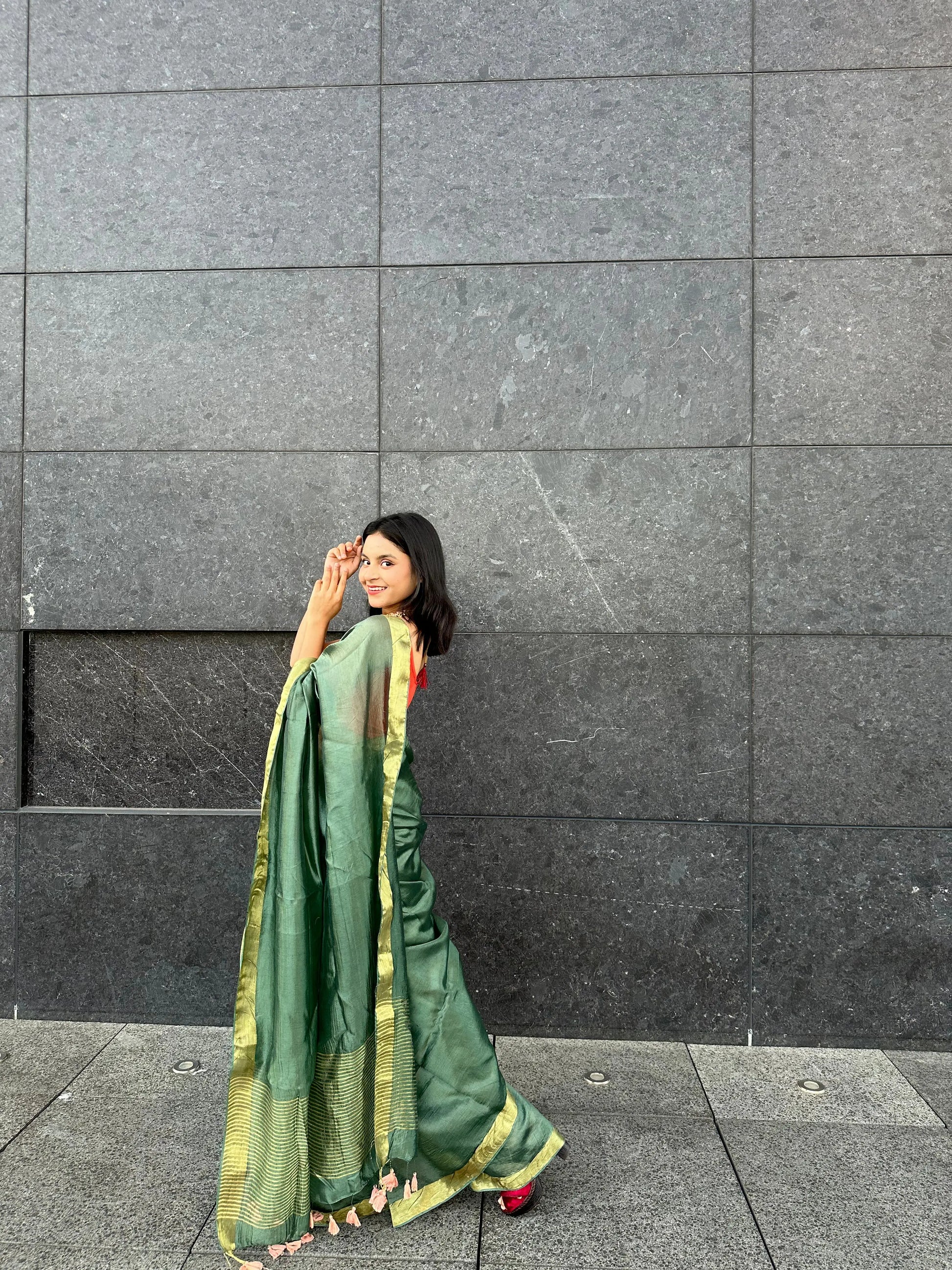 Dark Green Handmade Silk Viscose Saree | Gold Zari Border | KIHUMS Saree kihums clothing